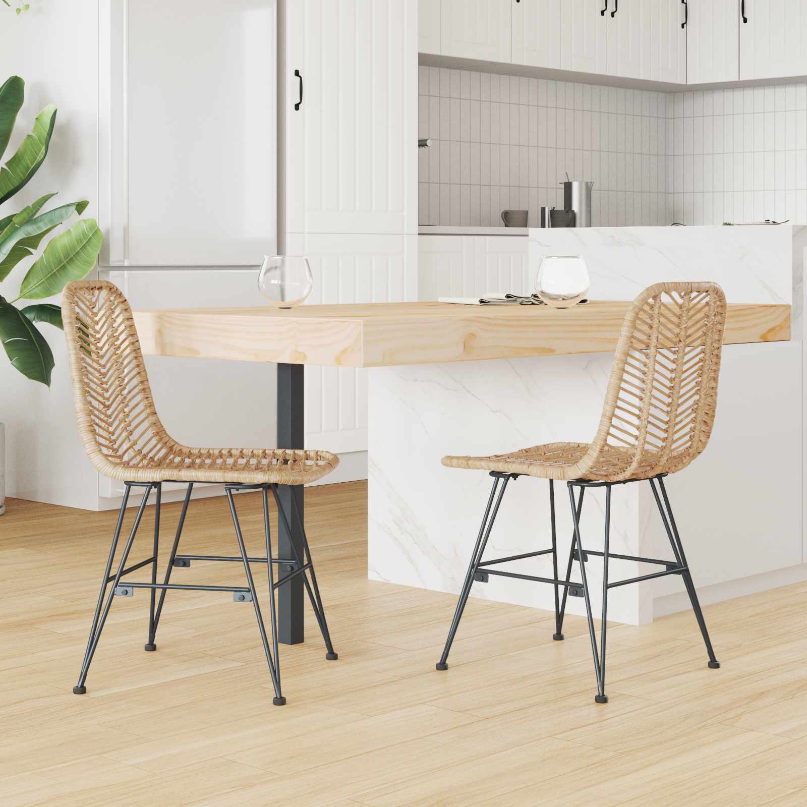 vidaXL Eetkamerstoel 2 pcs Naturel 44,5 x 55 x 85 cm Riet en IJzer