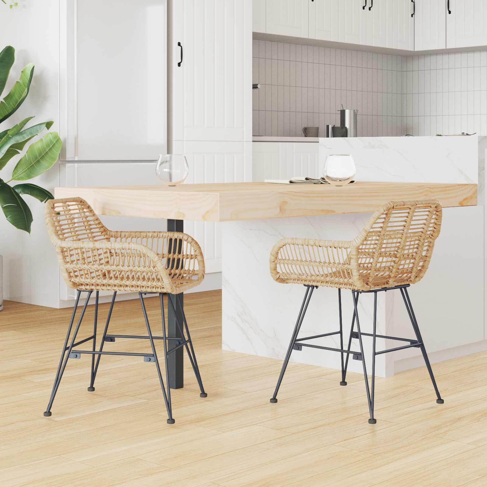 vidaXL Eetkamerstoel 2 pcs Naturel 55 x 50 x 74 cm Riet en IJzer