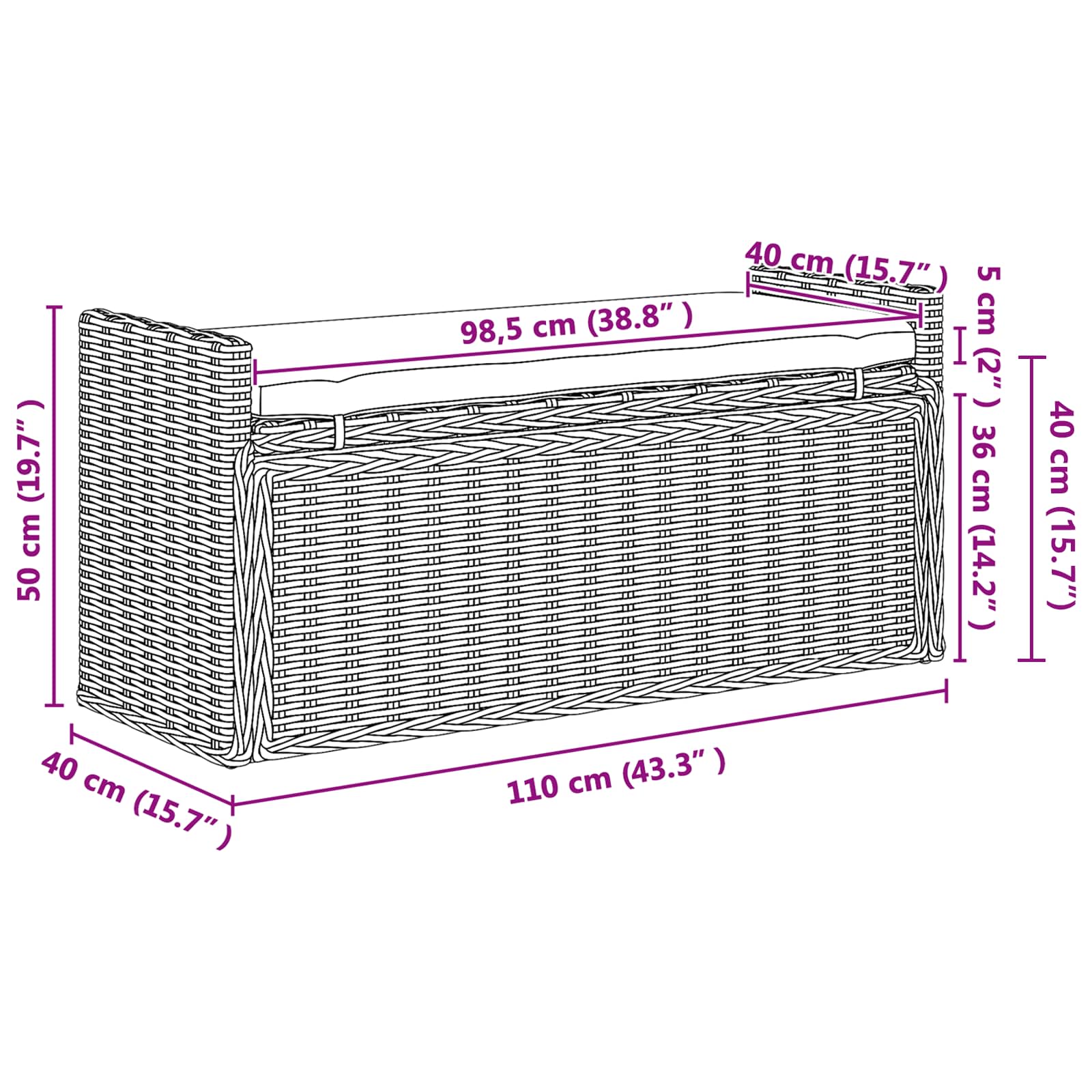 vidaXL Opslagbank met kussen Wit gewassen 110 x 40 x 50 cm Rattan