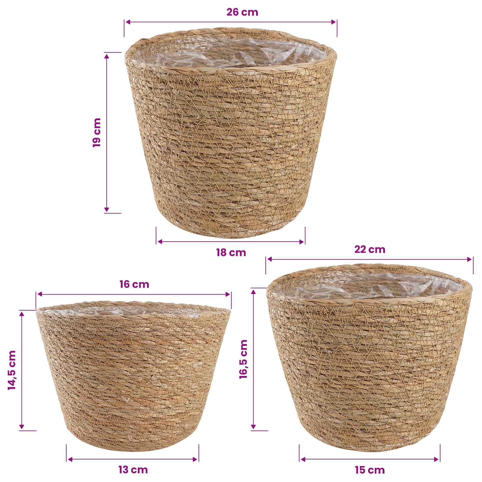 vidaXL Zeegras Plantenmanden 3 pcs Naturel Ø26 x 19 cm 100% Zeegras