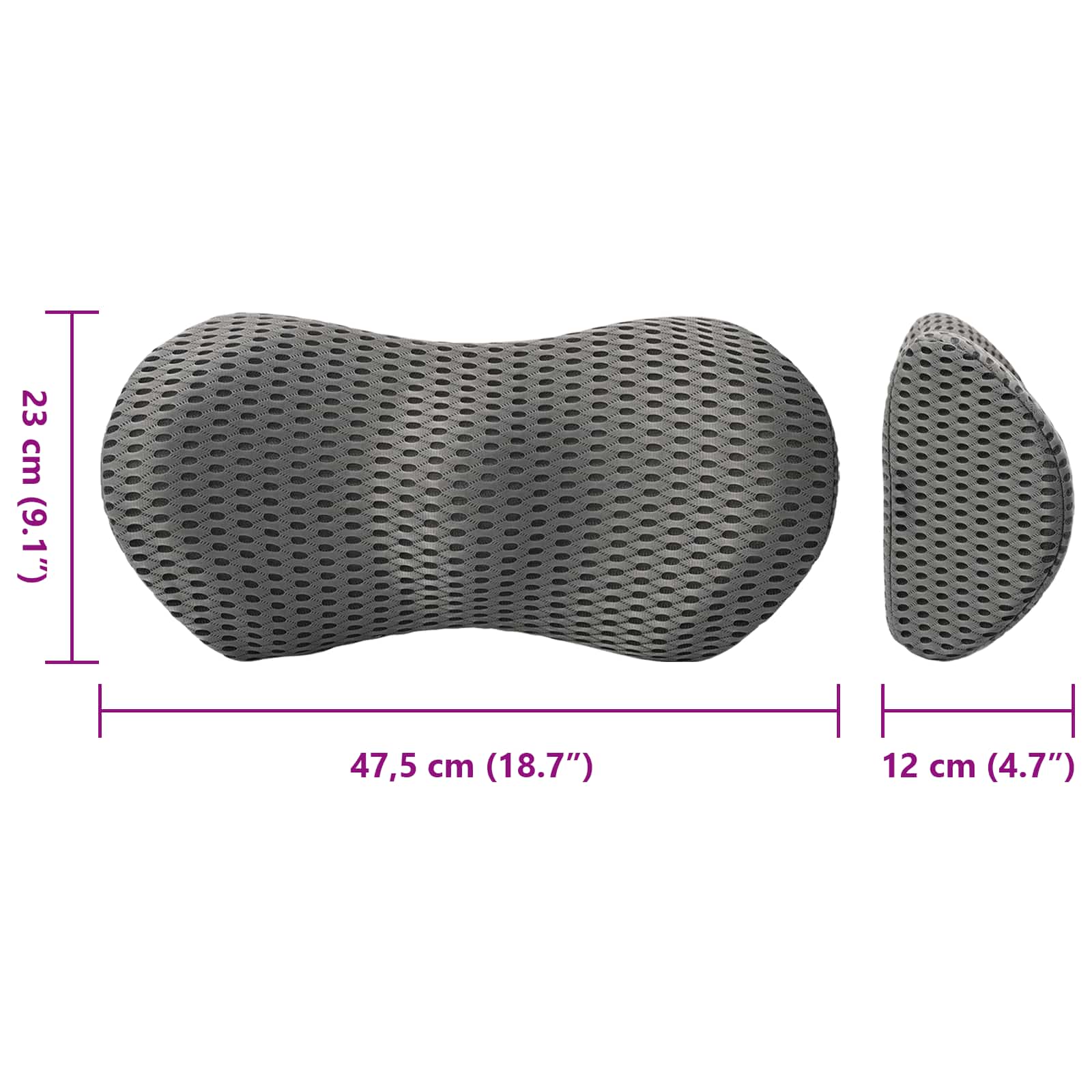 vidaXL Hoofdkussen met kussen Grijs 47 x 24 x 13 cm 4D Mesh
