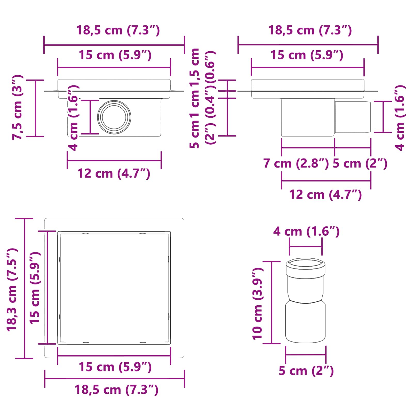 vidaXL 2 in 1 doucheafvoer Zilver 15 x 15 cm Roestvrij staal 304