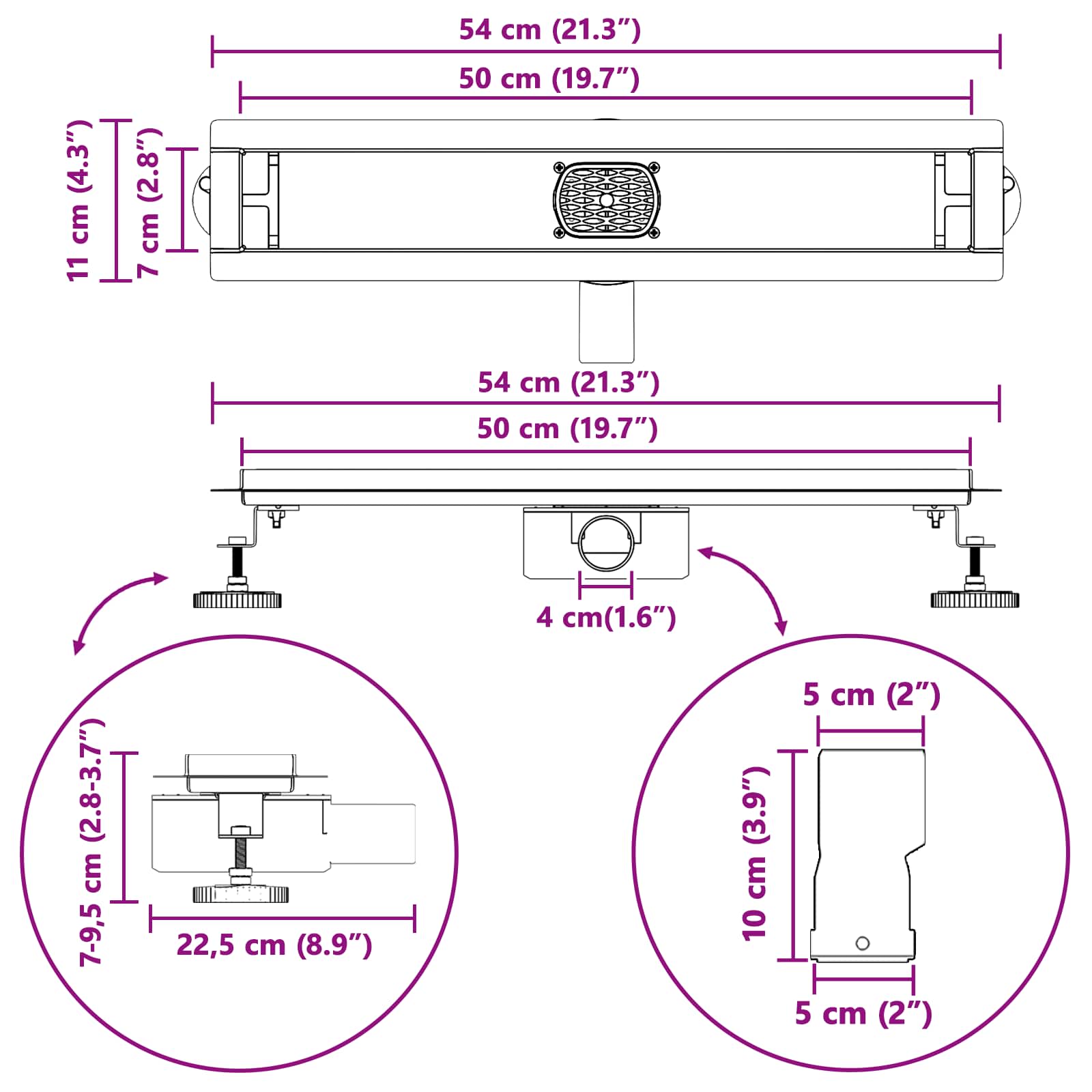 vidaXL Doucheafvoer Glasdeksel met 360° Sifon Zwart 50 cm