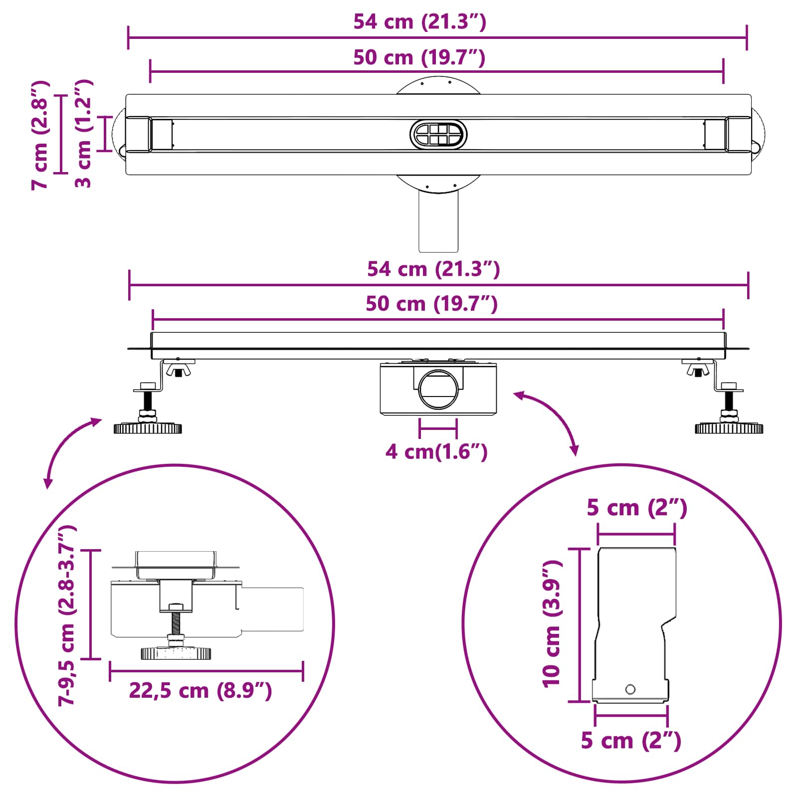 vidaXL 360° Doucheafvoer Met Slank Model Zilver 50 cm