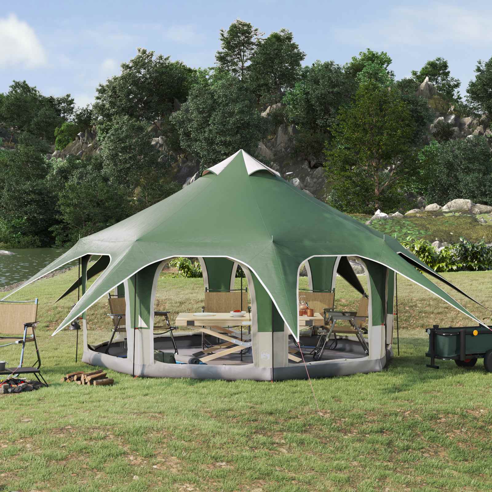 vidaXL Gezinstent Groen 10-persoons 185T Polyester met PU Coating