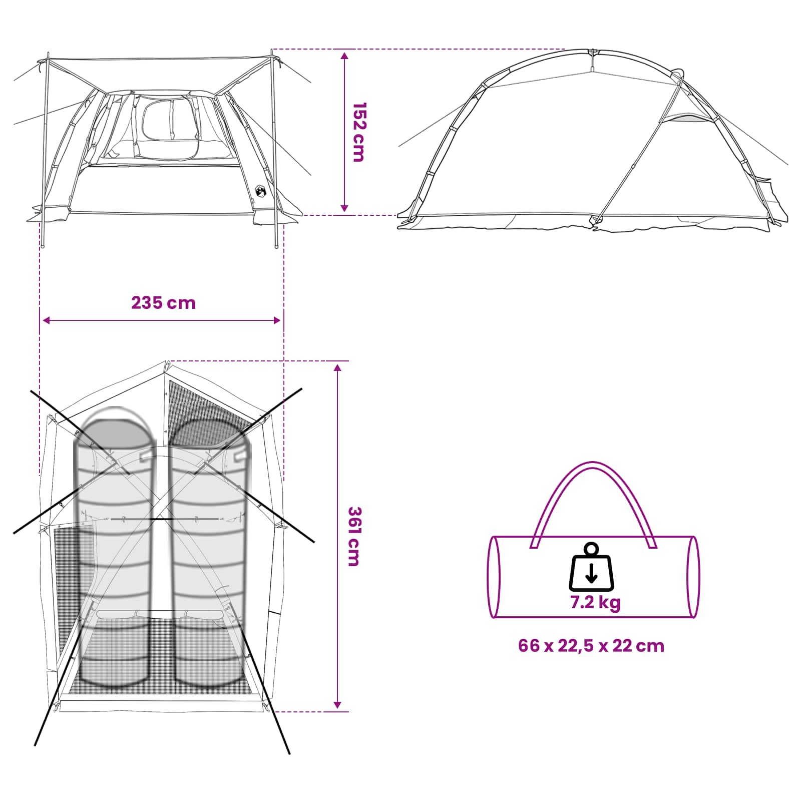 vidaXL Tunneltent Groen 361 x 235 x 147 cm