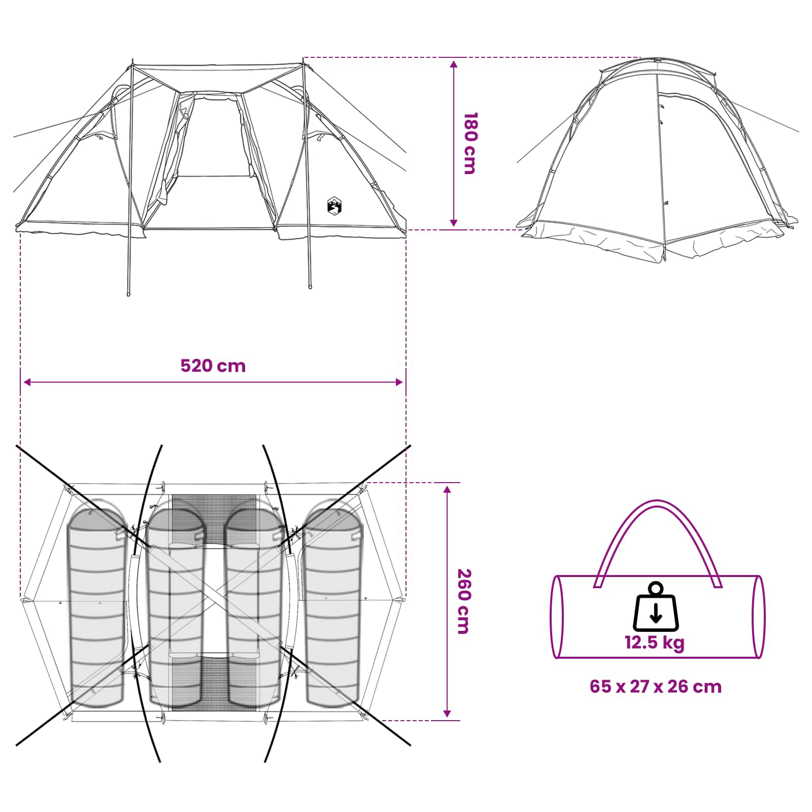 vidaXL Tunneltent Groen 520 x 260 x 175 cm