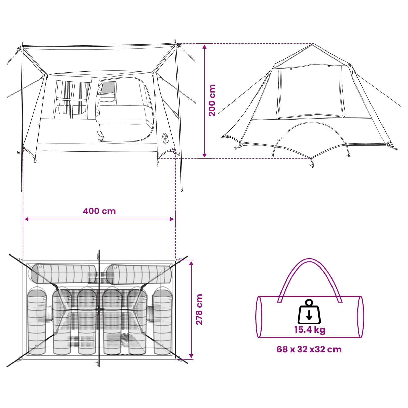 vidaXL Tunneltent Groen 400 x 278 x 182 cm