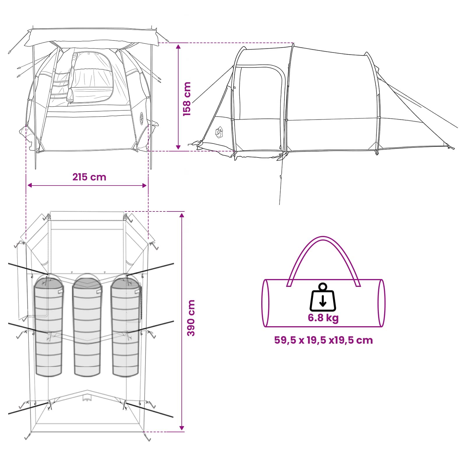 vidaXL Tunneltent Groen 390 x 215 x 152 cm