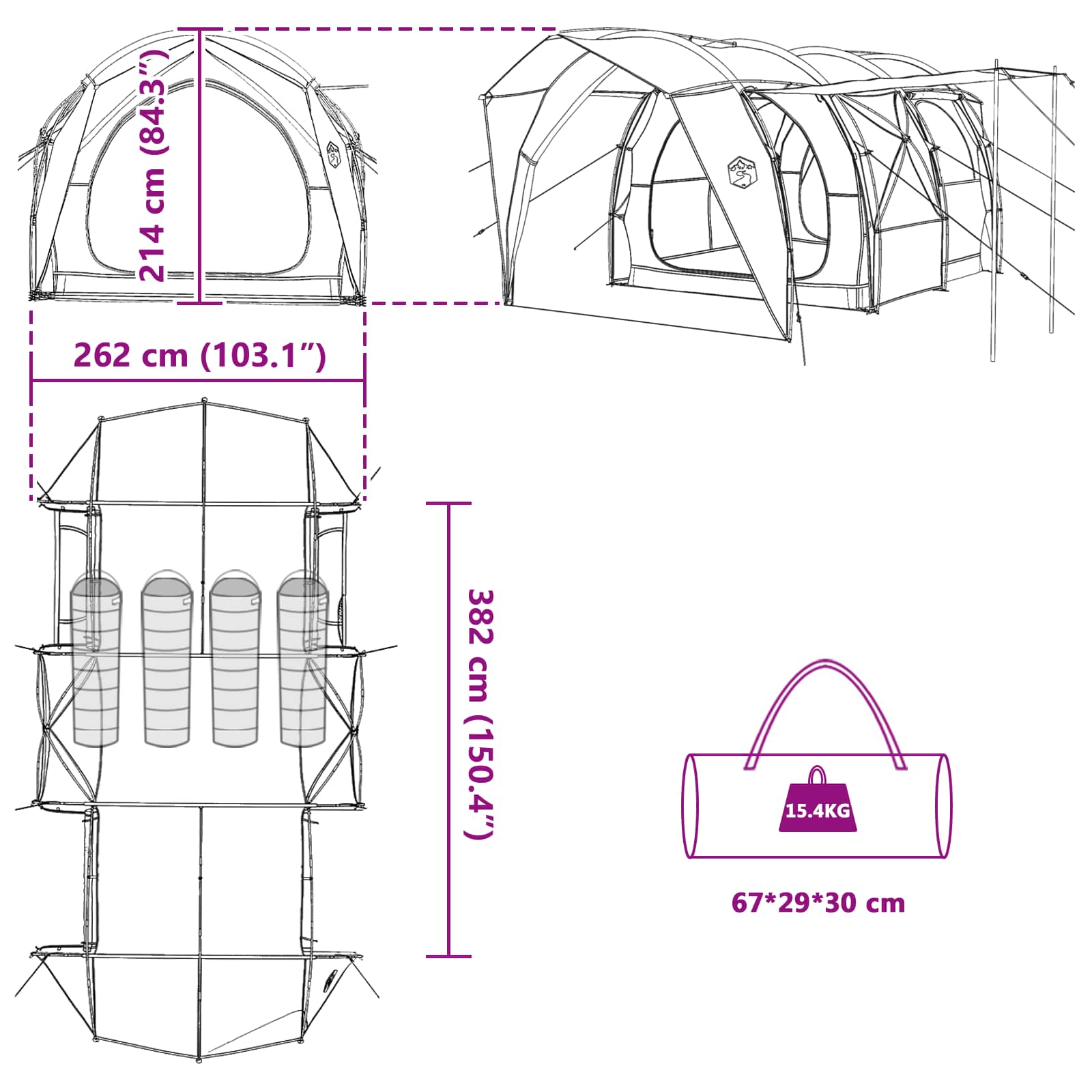 vidaXL Tunneltent Groen 382 x 262 x 214 cm