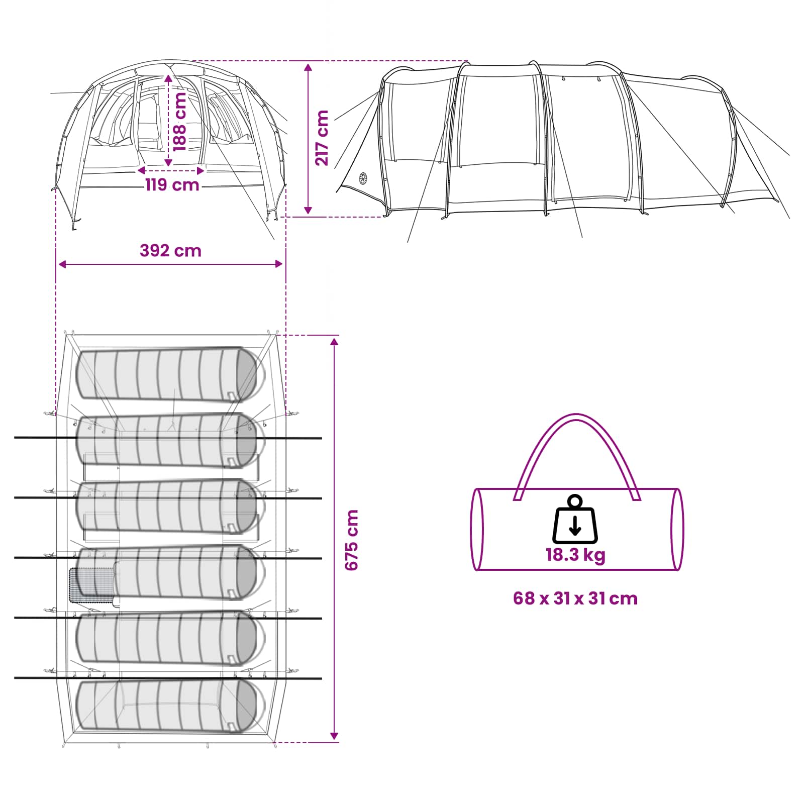 vidaXL Tunneltent Groen 675 x 392 x 210 cm