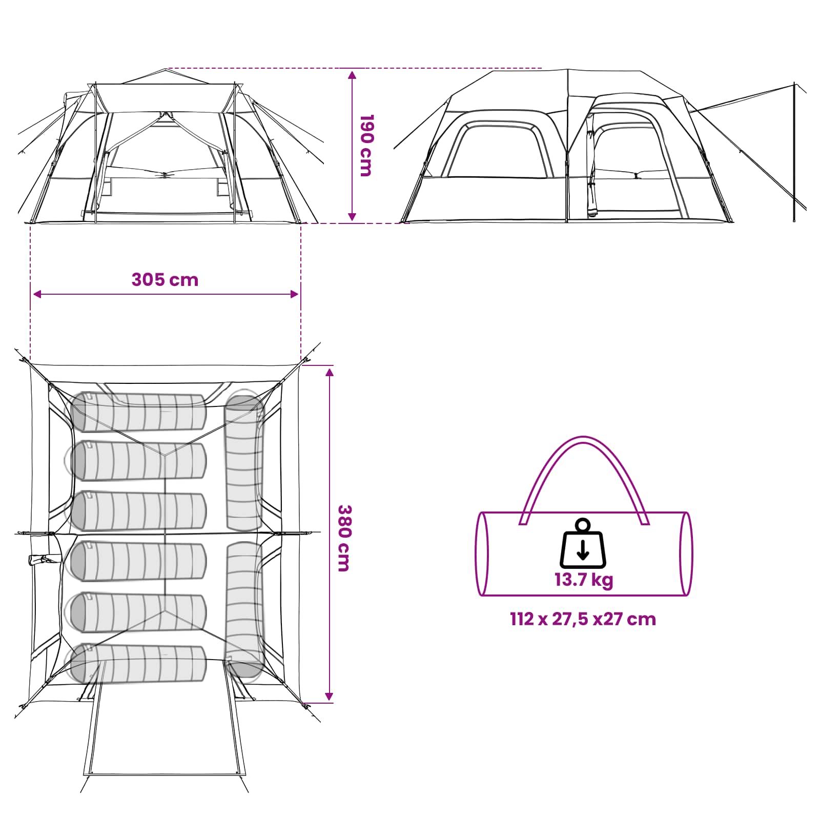 vidaXL Directe Tent Groen 8-persoons 185T Polyester met PU Coating