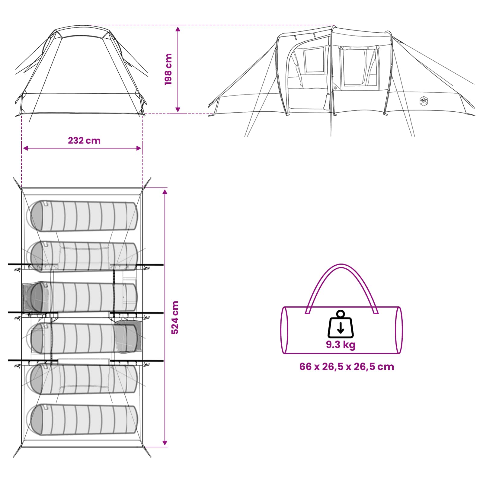 vidaXL Directe Tent Groen 524 x 232 x 192 cm
