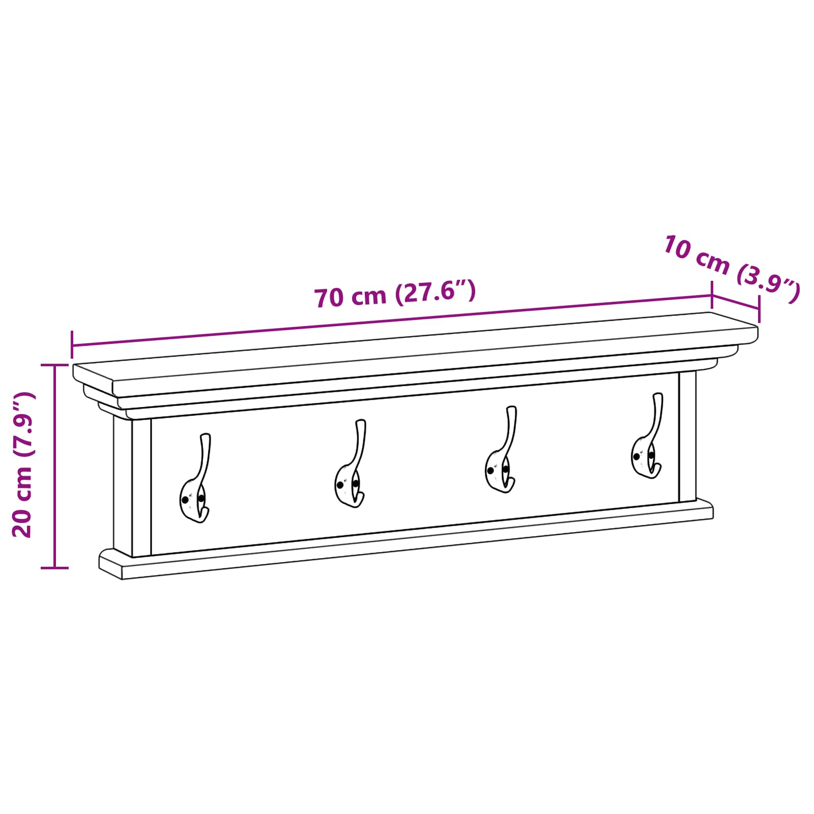 vidaXL Wand gemonteerde kapstok Wandgemonteerd Naturel 70 x 10 x 20 cm