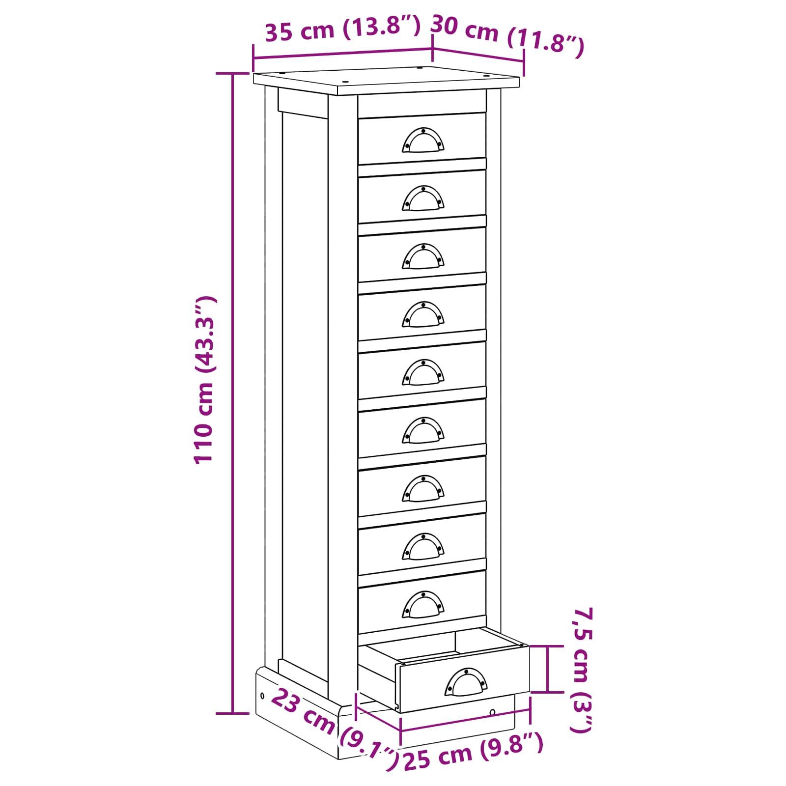 vidaXL Ladekast met lade Bruin 35,5 x 29,5 x 60 cm Massief Teakhout
