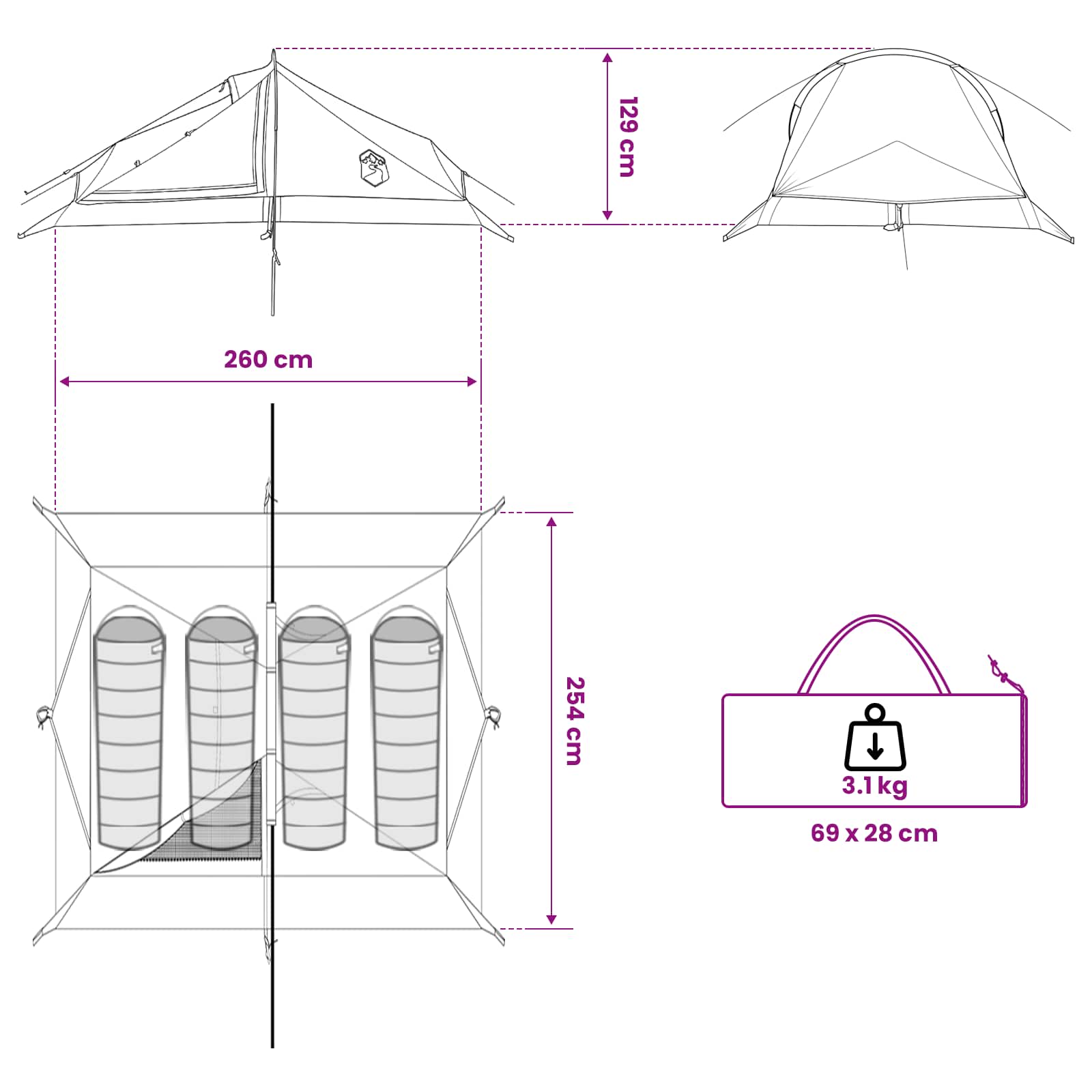 vidaXL Backpacking Tent Groen 4-persoons 185T Polyester met PU Coating