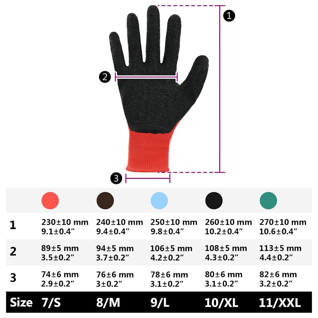 vidaXL Werkhandschoenen 12 pcs Rood en Zwart 7 / S Latexcoating