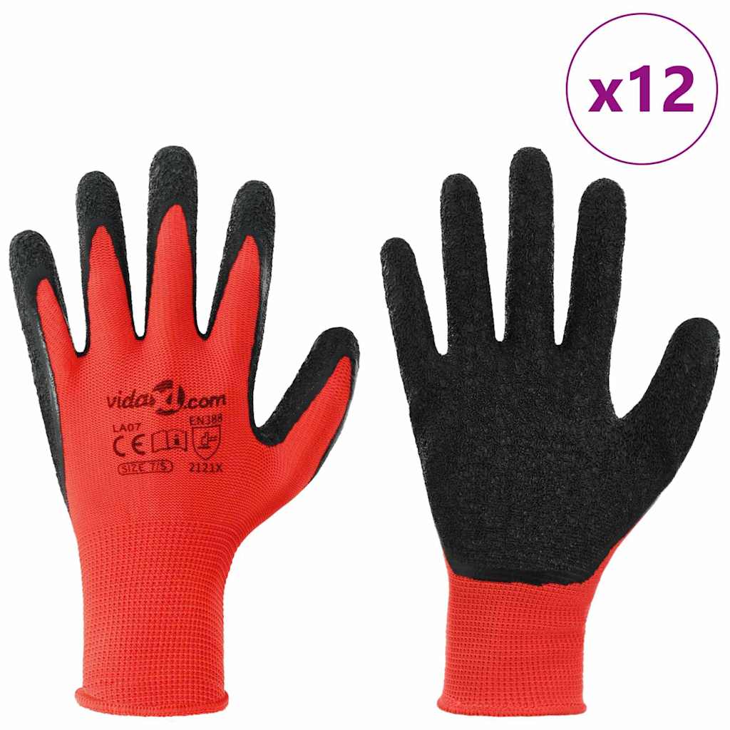 vidaXL Werkhandschoenen 12 pcs Rood en Zwart 7 / S Latexcoating