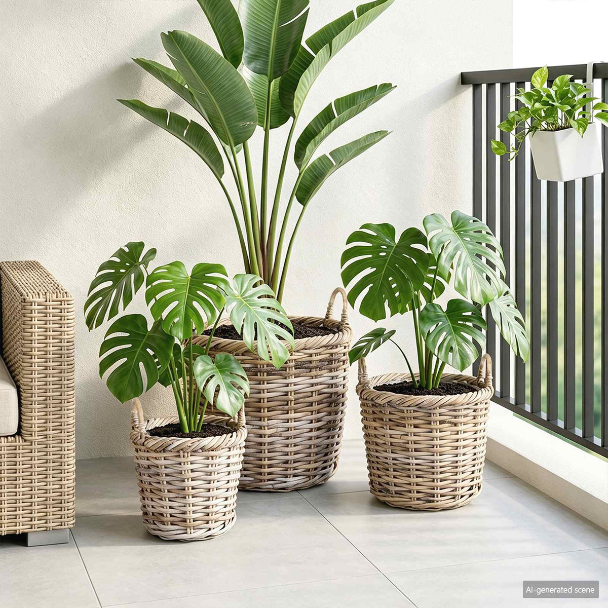 vidaXL Plantenmand met opslag 3 pcs Grijs Kubu Rattan