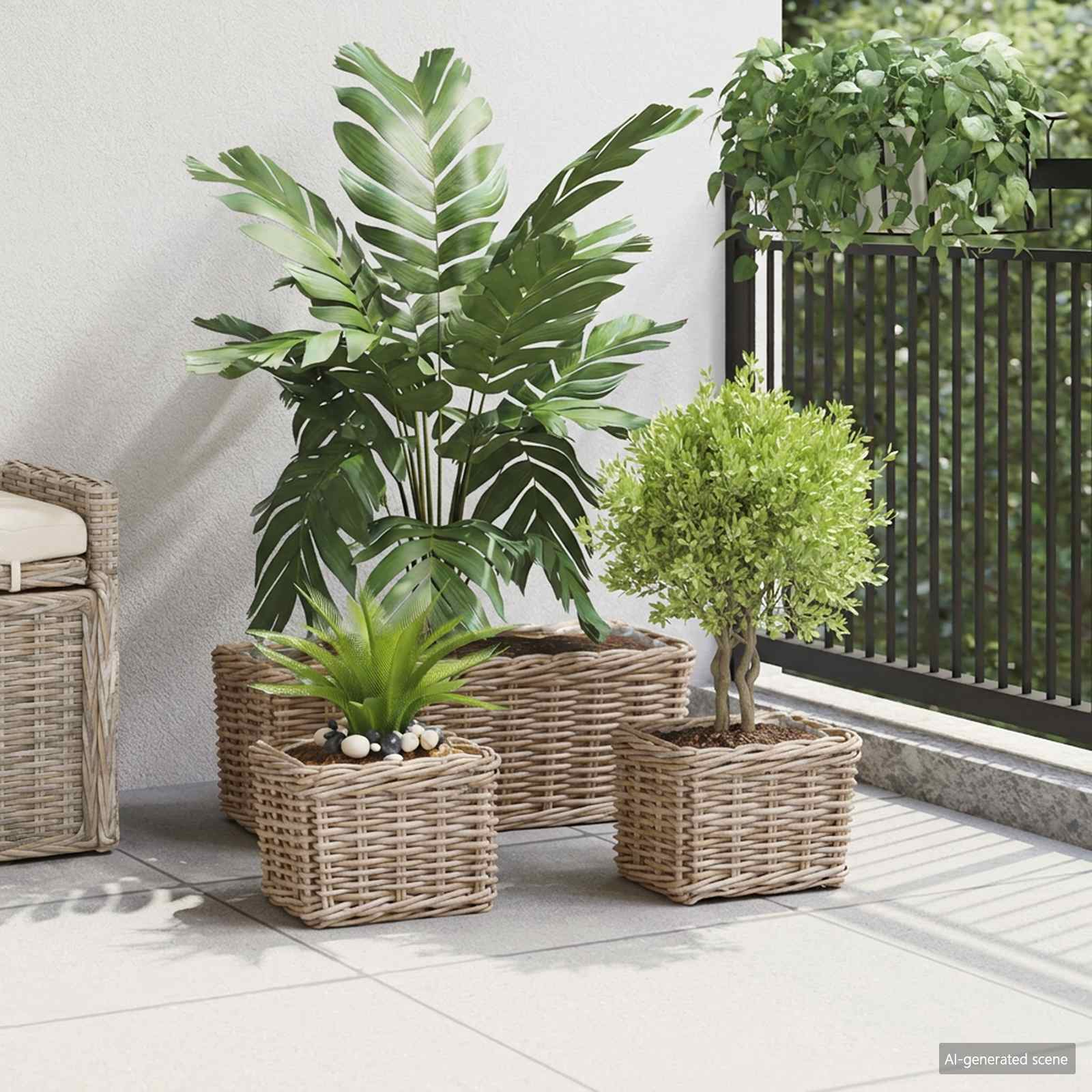 vidaXL Plantenmand met opslag 3 pcs Grijs Kubu Rattan