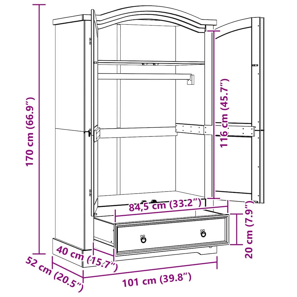 vidaXL Kledingkast met lade Wit 101 x 52 x 170 cm Massief grenenhout