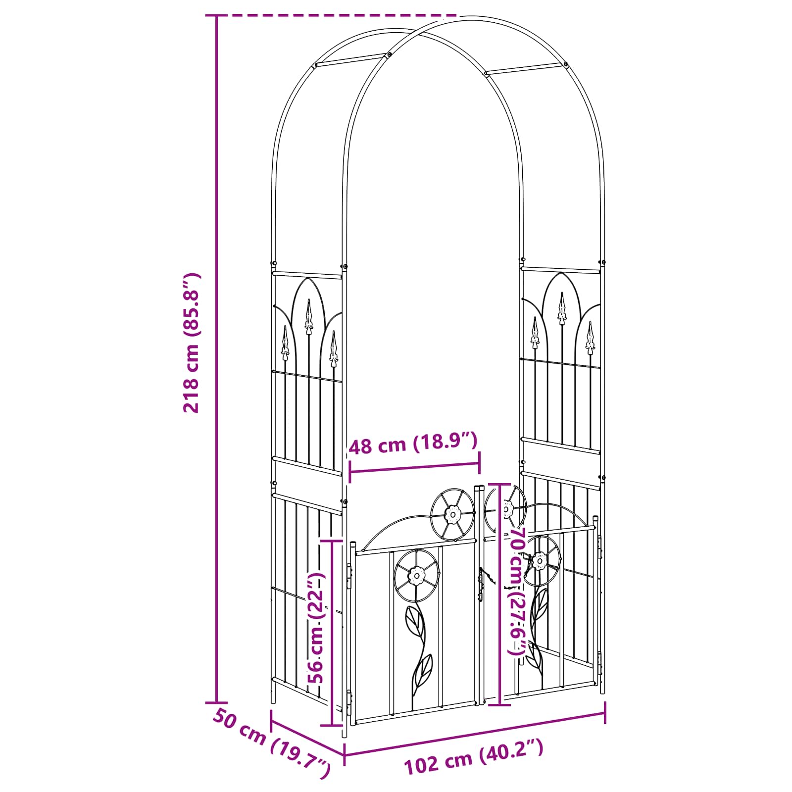 vidaXL Tuin Boog Effen Zwart 102 x 50 x 218 cm
