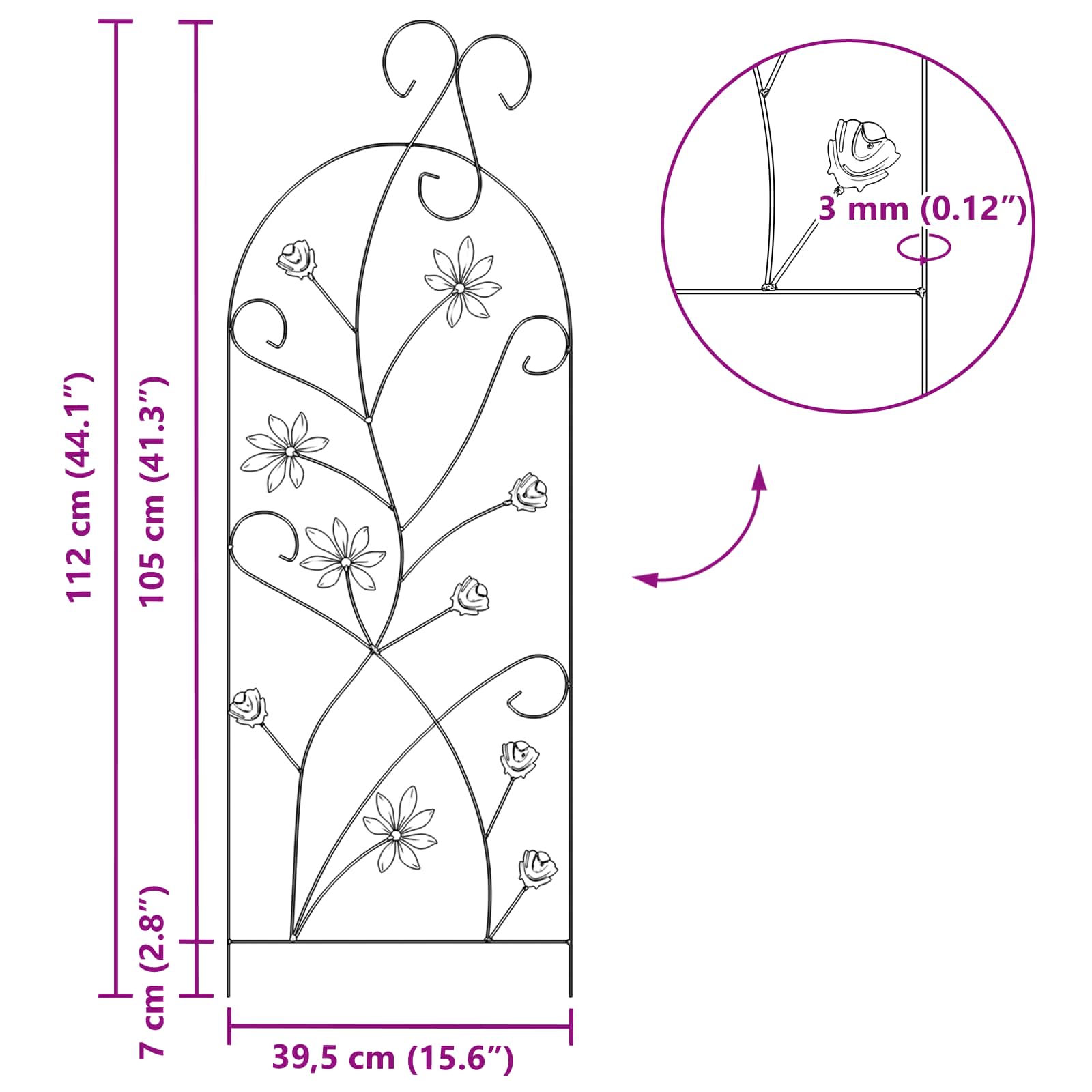 vidaXL Tuinhek 3 pcs Zwart 112 x 40 cm Staal