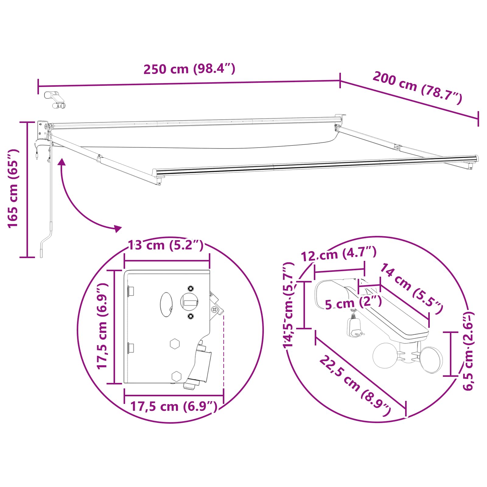 vidaXL Elektrisch uitschuifbaar zonnescherm frame Wit 2,5 x 2 m