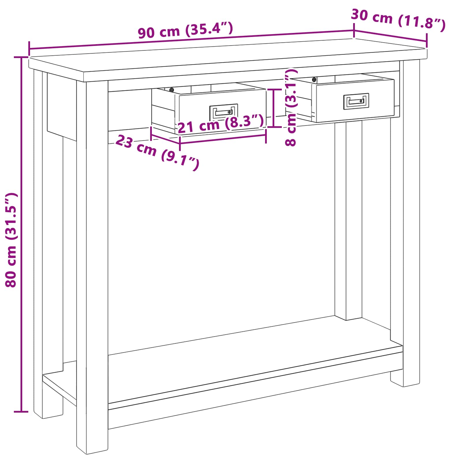 vidaXL Wandtafel Naturel 90 x 30 x 80 cm Massief Teakhout