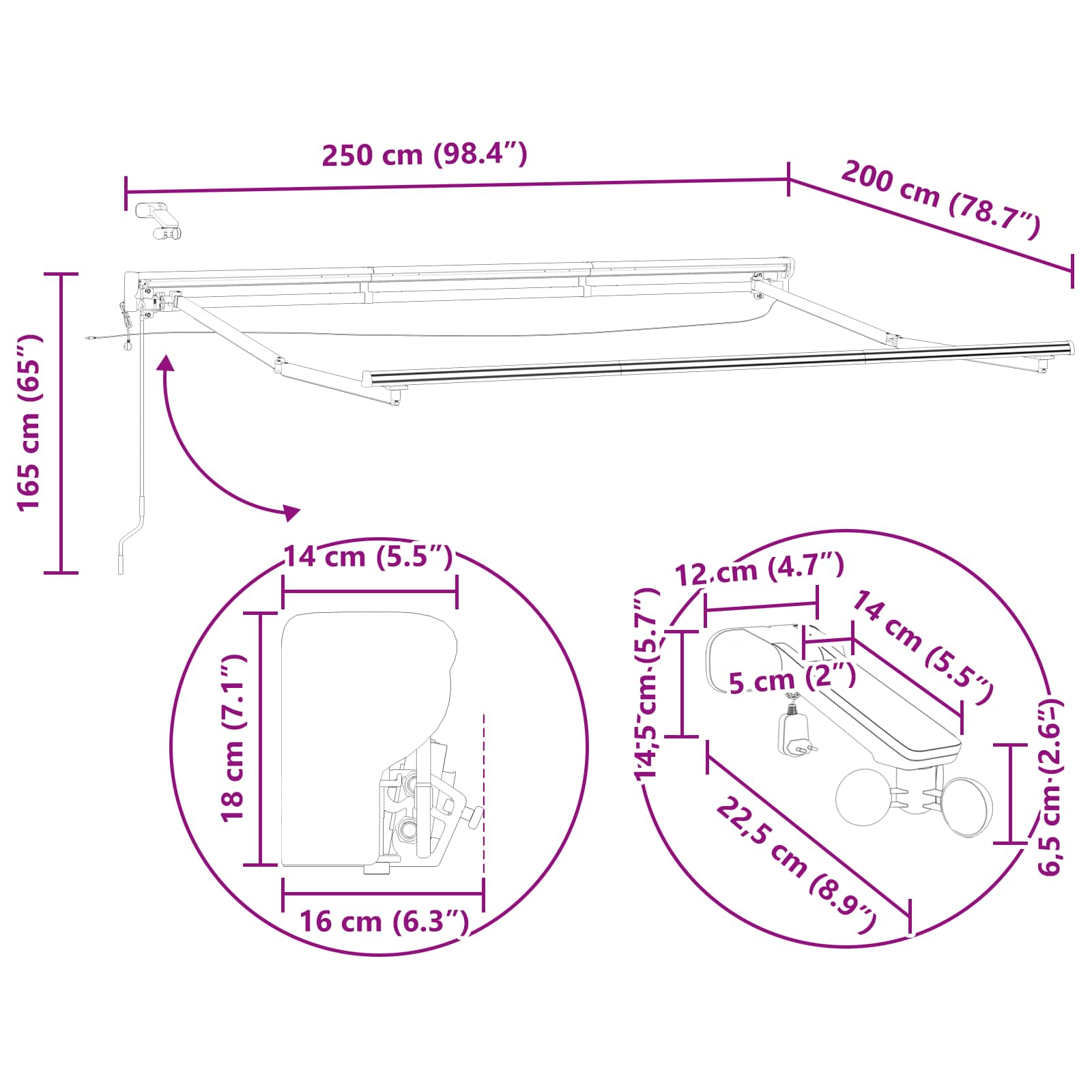 vidaXL Elektrisch Zonnescherm Frame met LED's Wit 2,5 x 2 m Aluminium