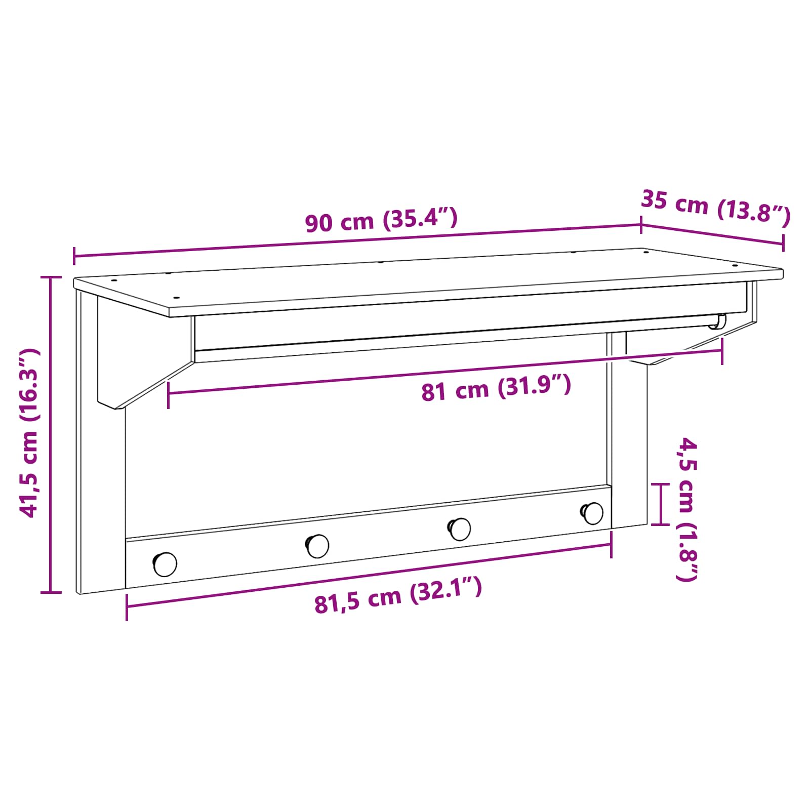vidaXL Kapstok Honingbruin 90 x 35 x 41.5 cm Massief Vurenhout