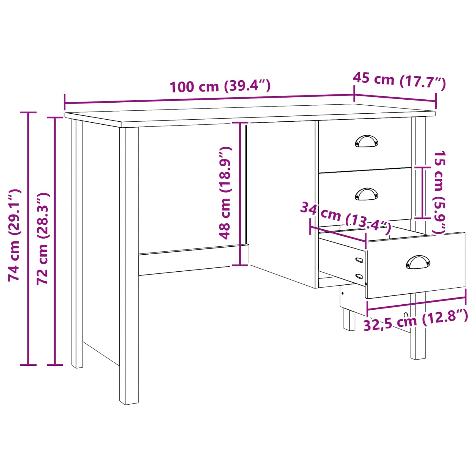 vidaXL Bureau met lades Honingbruin 100 x 45 x 74 cm Massief Vurenhout