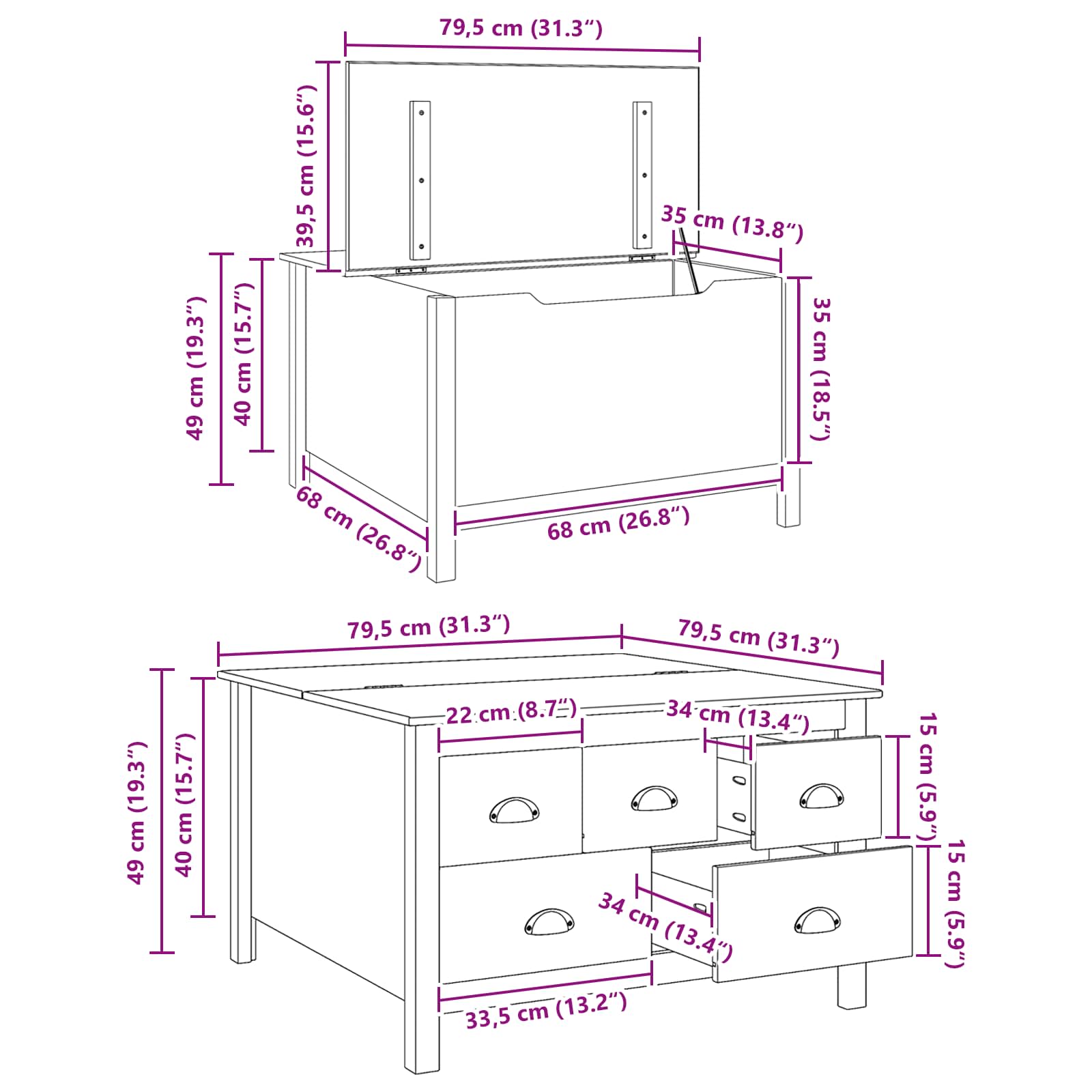 vidaXL Salontafel Honingbruin 79.5 x 79.5 x 49 cm Massief Vurenhout