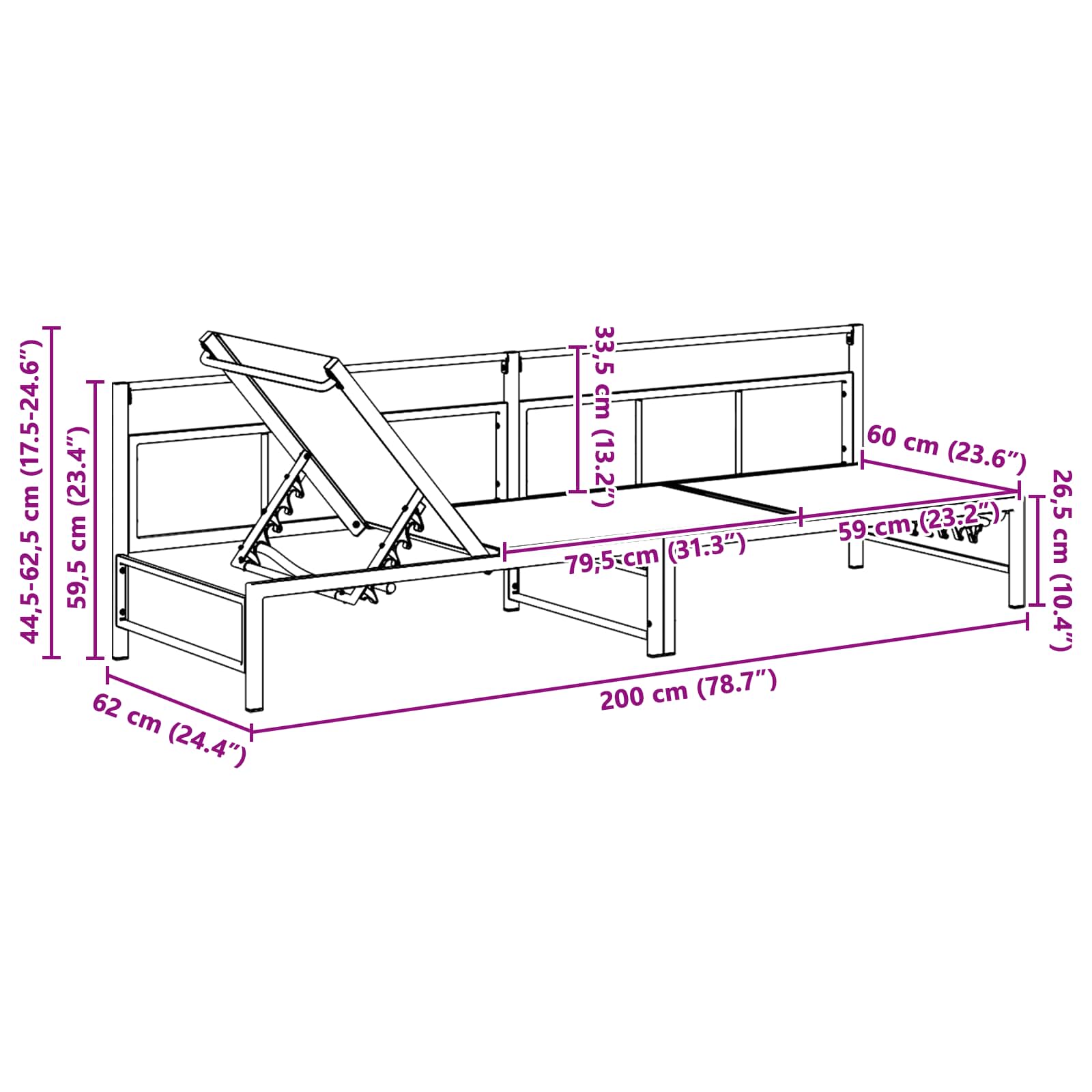 vidaXL Ligstoel Zwart 200 x 62 x 59,5 cm Textileen