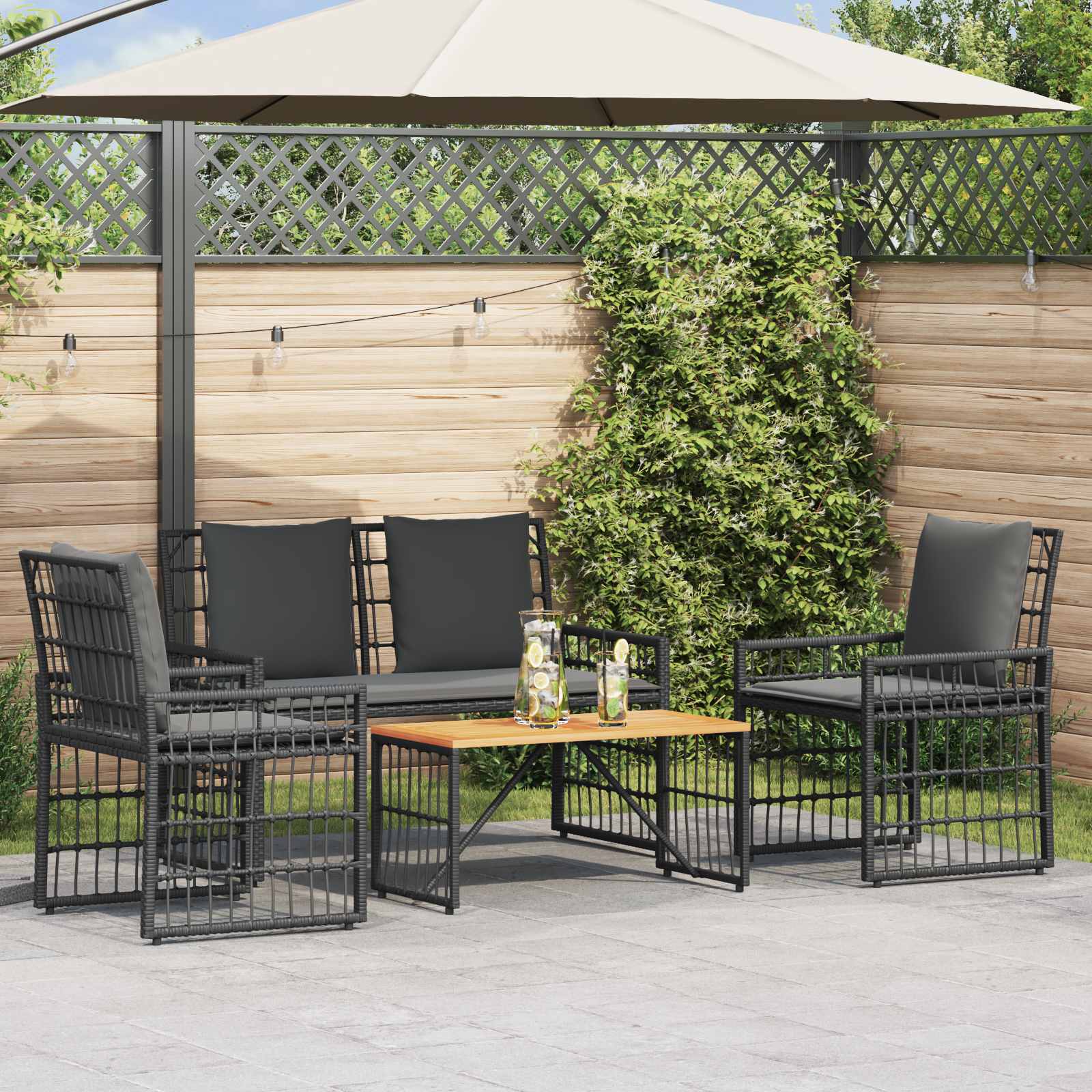 vidaXL Buitenmeubelset 4 pcs Zwart en Donkergrijs Staal en Poly Rattan