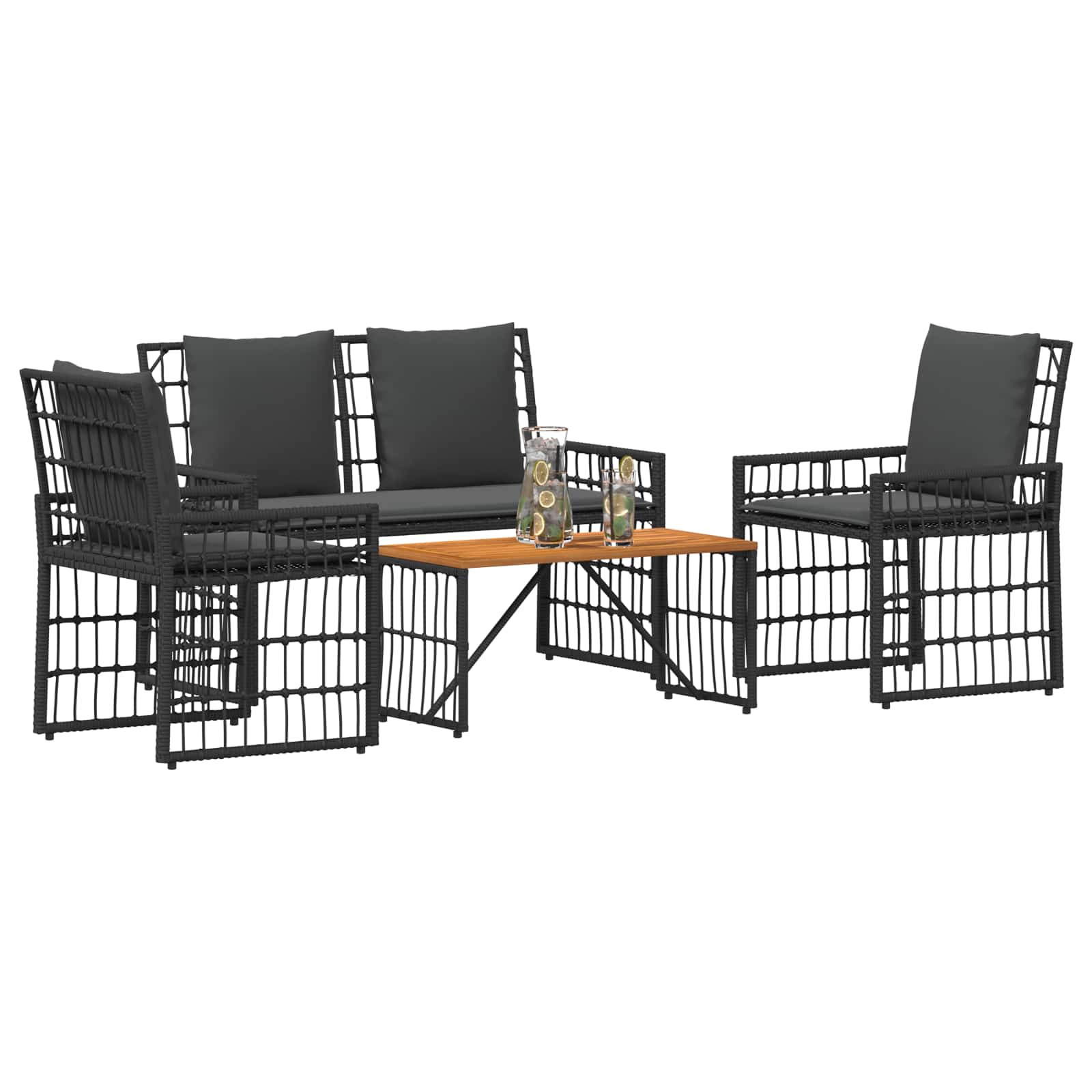vidaXL Buitenmeubelset 4 pcs Zwart en Donkergrijs Staal en Poly Rattan