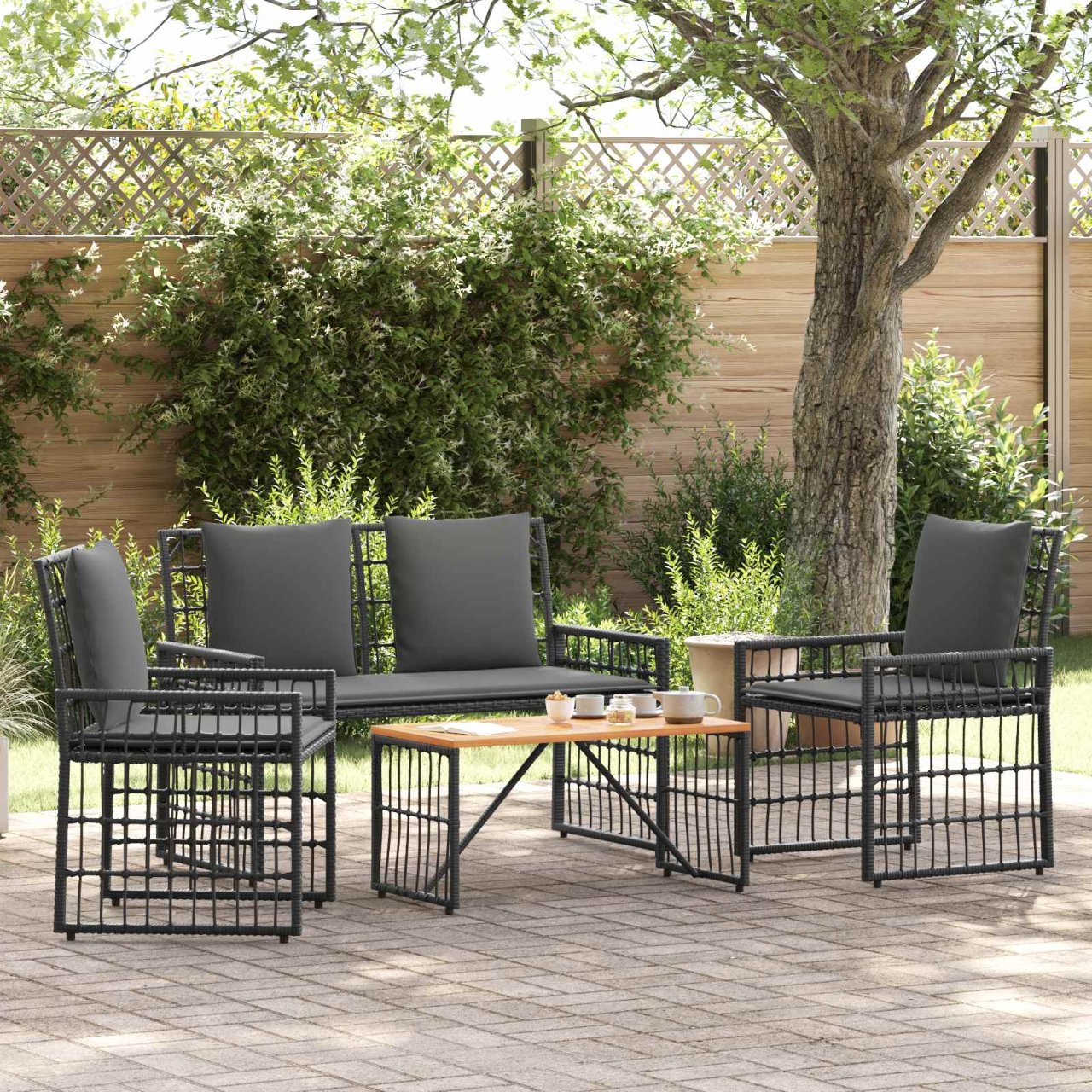 vidaXL Buitenmeubelset 4 pcs Zwart en Donkergrijs Staal en Poly Rattan