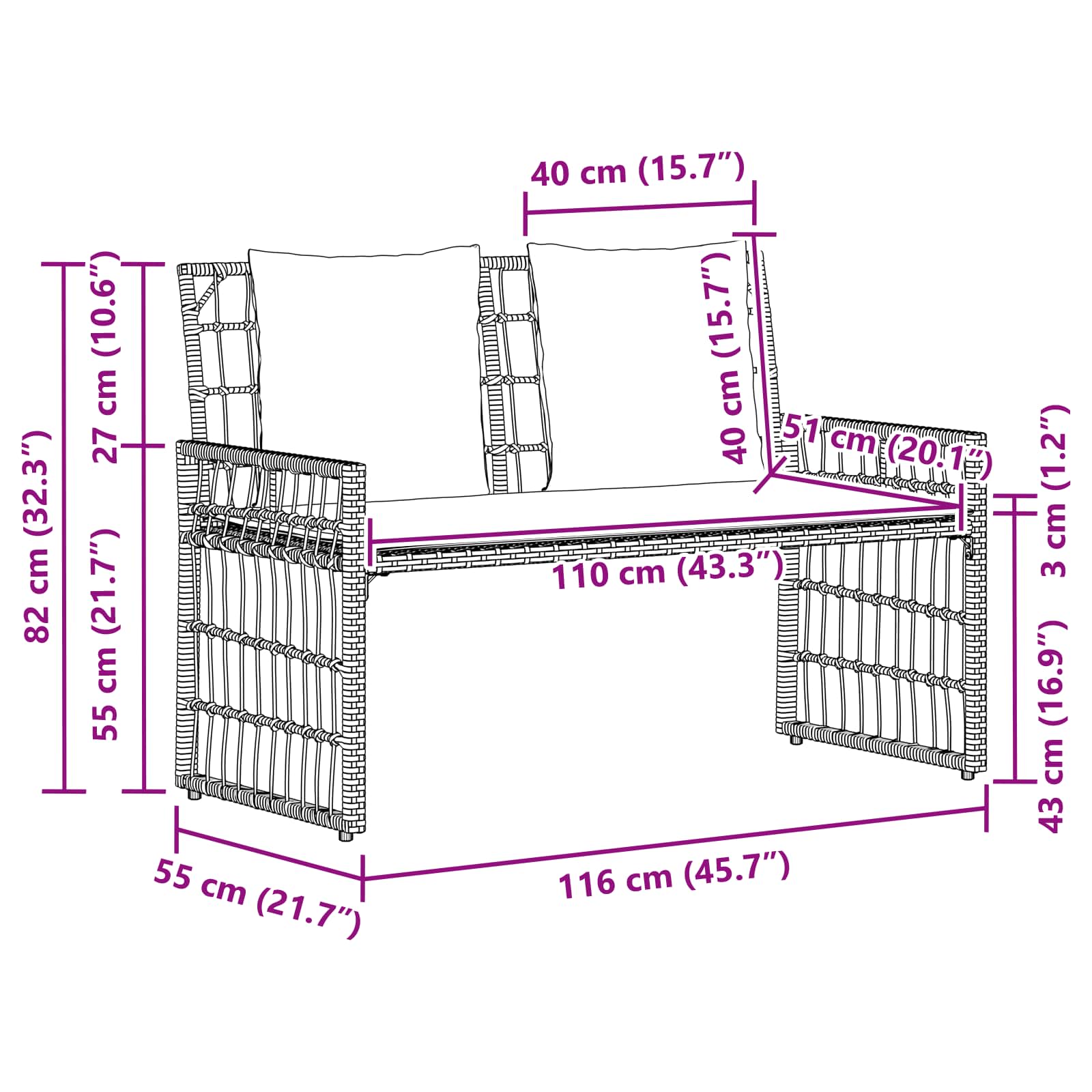 vidaXL Tuinbank Effen Zwart en Donkergrijs 116 x 55 x 82 cm