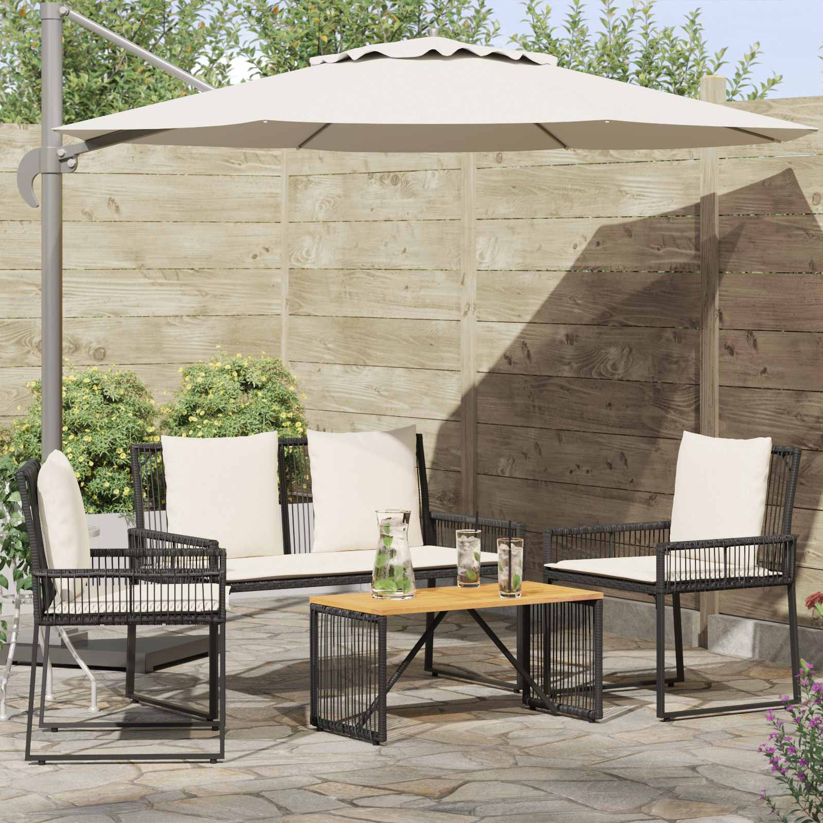 vidaXL Tuinset met kussen 4 stuks Zwart en crème Wit polyrattan