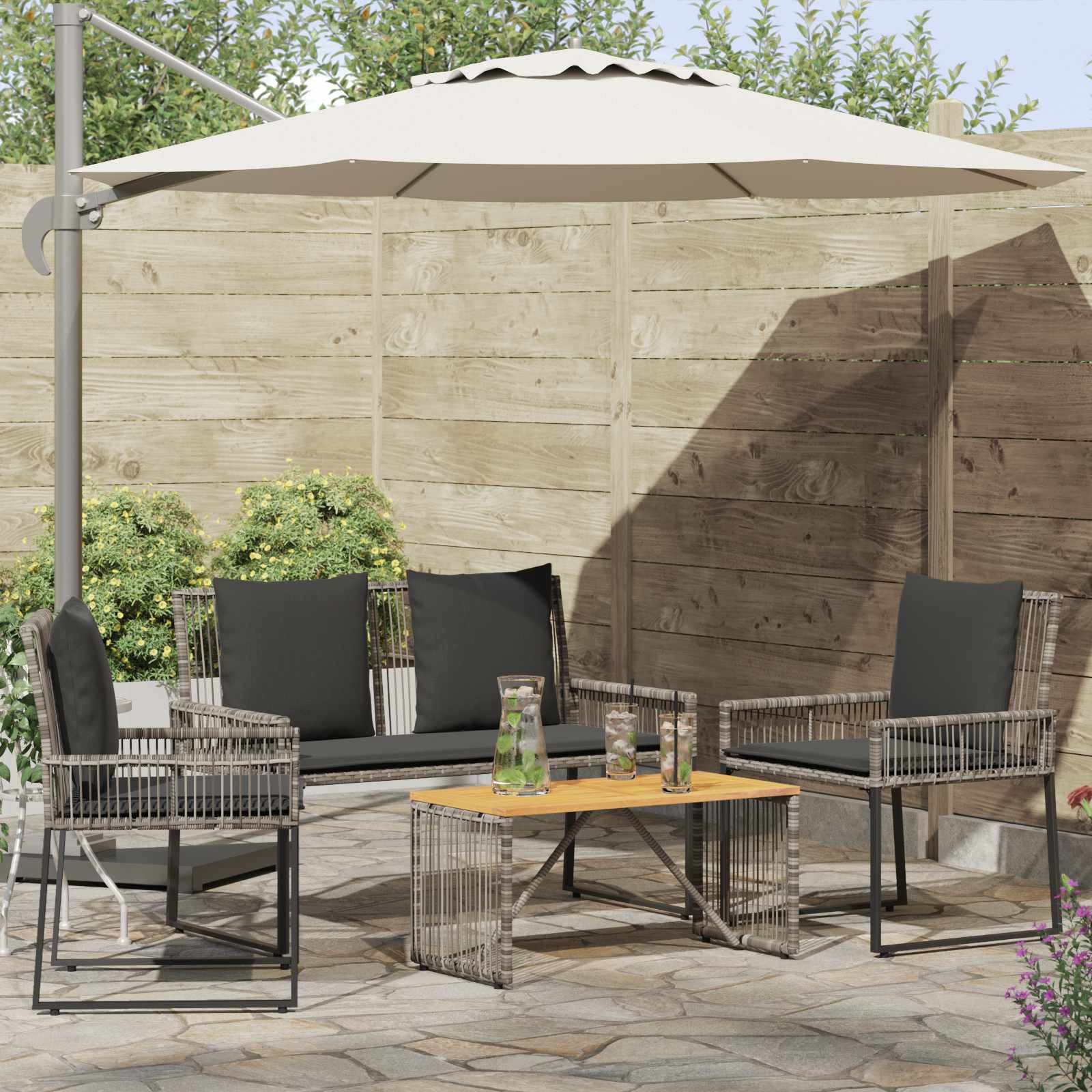 vidaXL Tuinset met kussen 4 stuks Zwart en crème Wit polyrattan