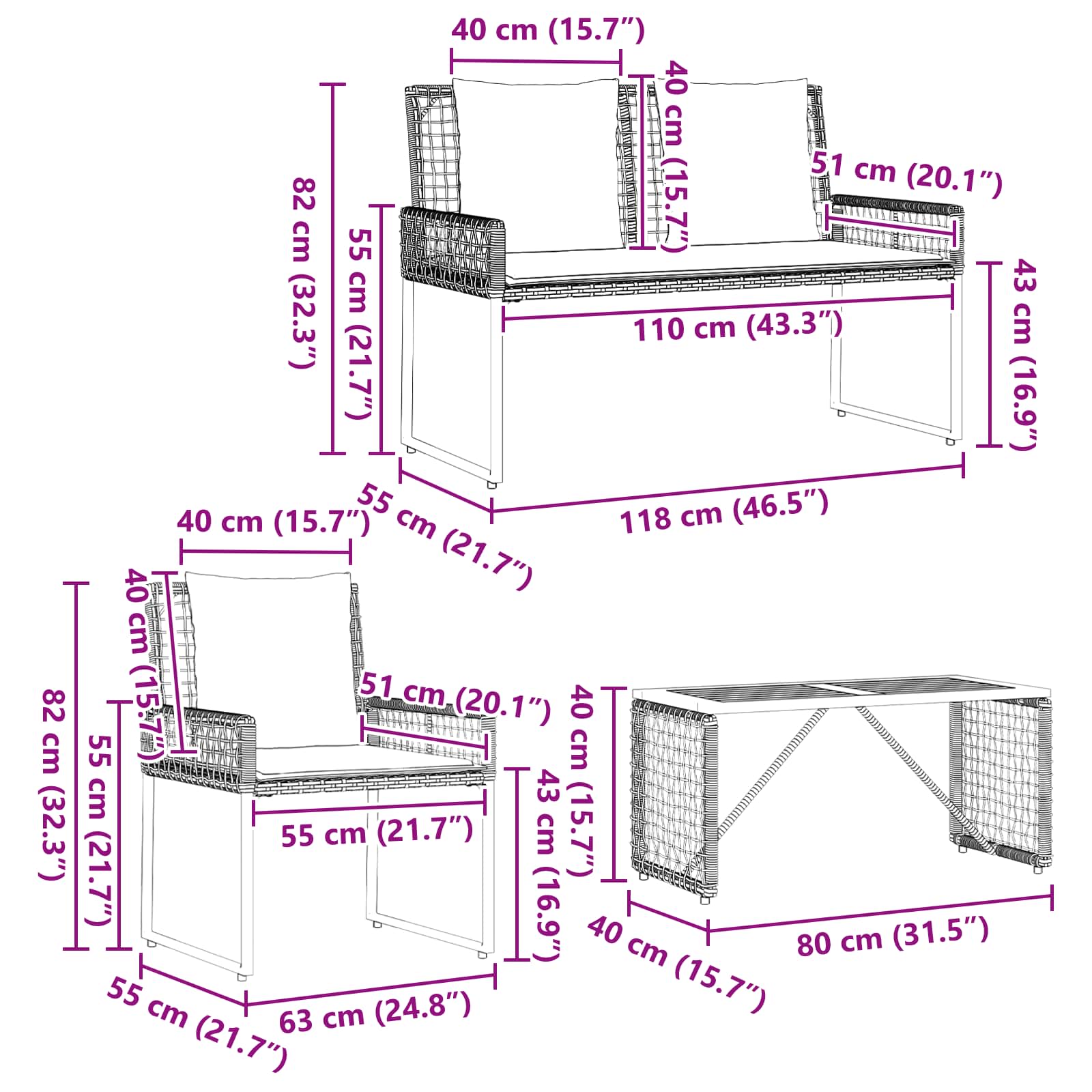 vidaXL Buitenmeubelset met kussen 5 pcs Zwart en Wit
