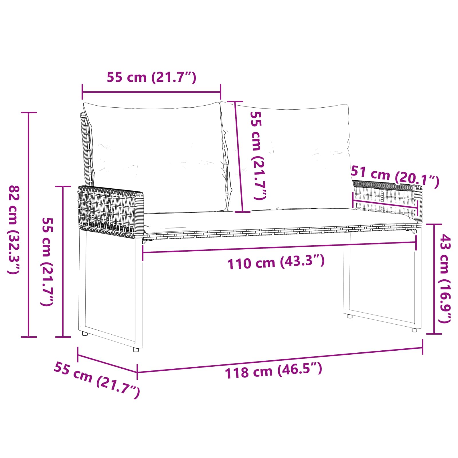vidaXL Tuinbank Zwart en Cream Wit 118 x 55 x 82 cm PE rattan en stof