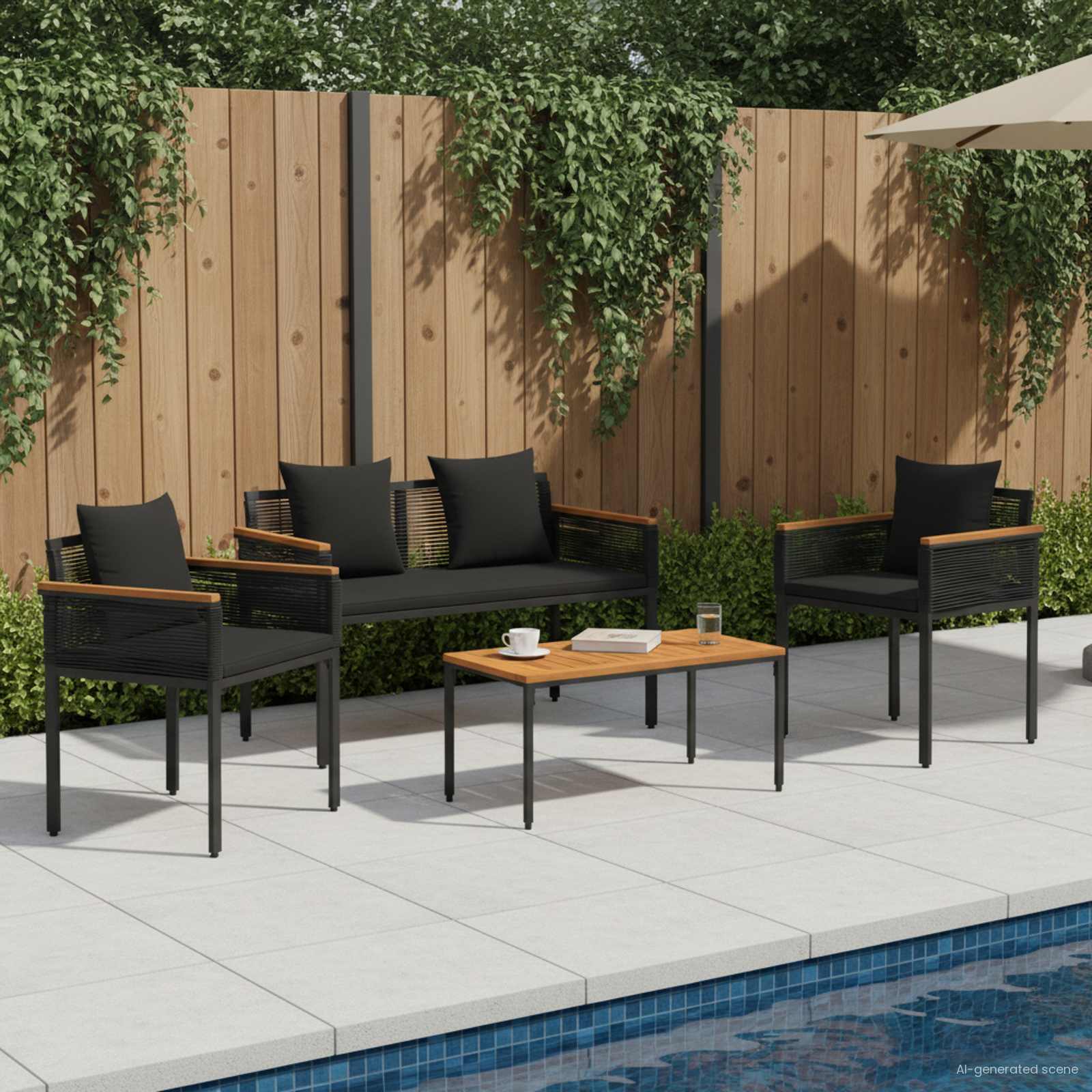 vidaXL Buitenmeubelset met kussen 4 pcs Zwart en Cream Wit PE Rattan