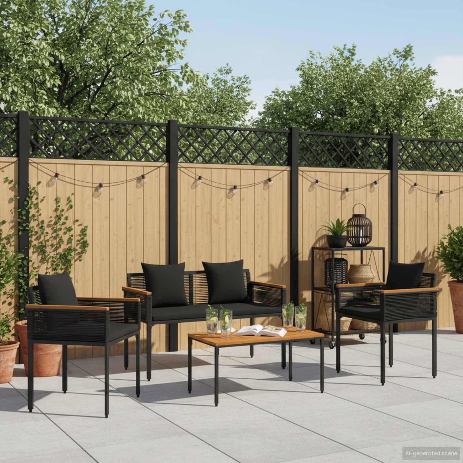 vidaXL Buitenmeubelset met kussen 4 pcs Zwart en Cream Wit PE Rattan
