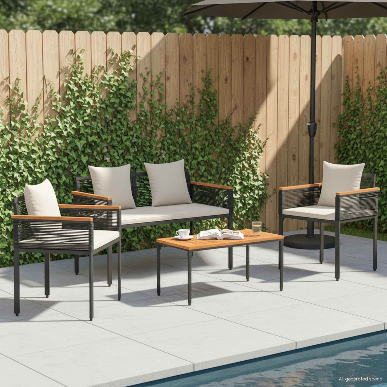 vidaXL Buitenmeubelset met kussen 4 pcs Zwart en Cream Wit PE Rattan