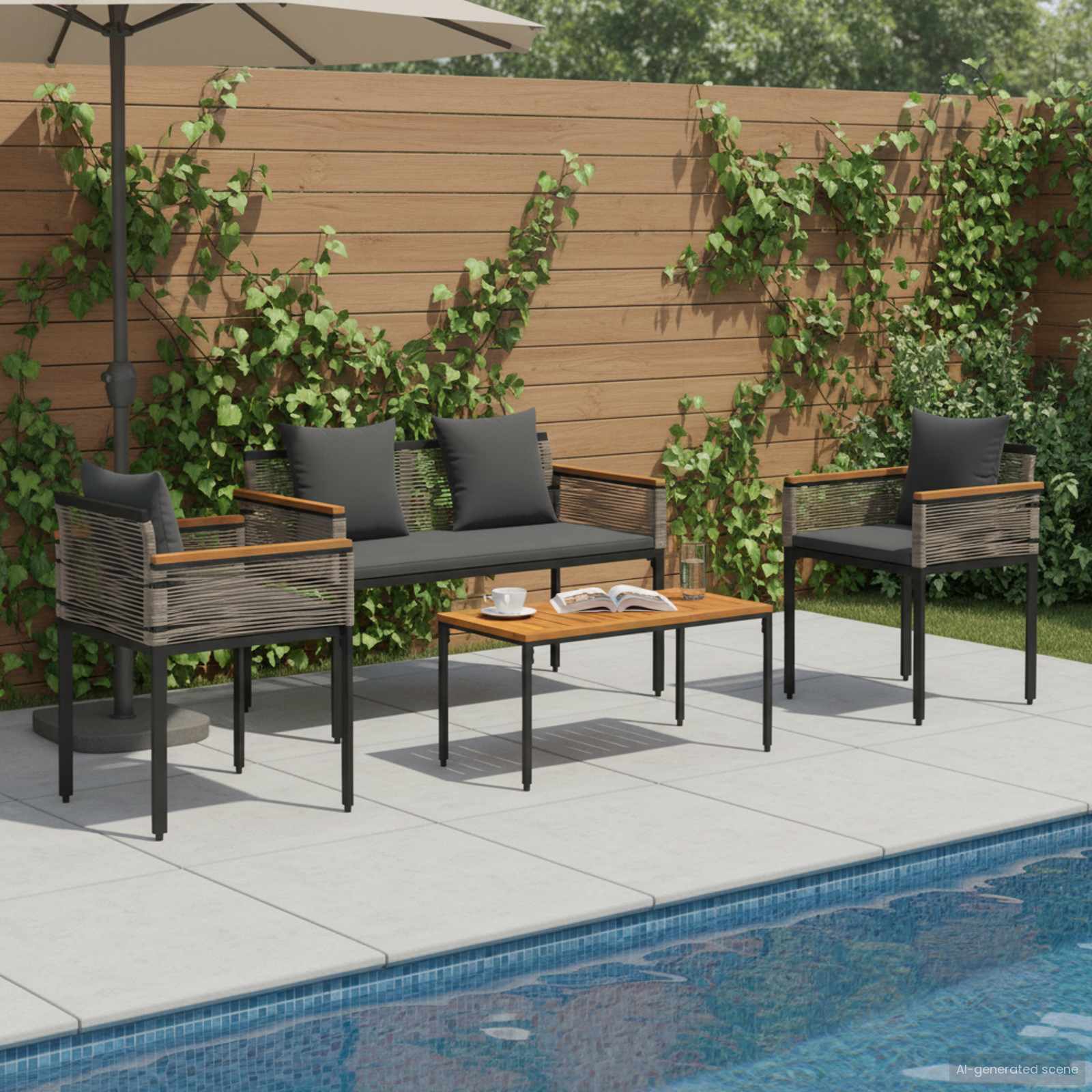 vidaXL Buitenmeubelset met kussen 4 pcs Zwart en Cream Wit PE Rattan