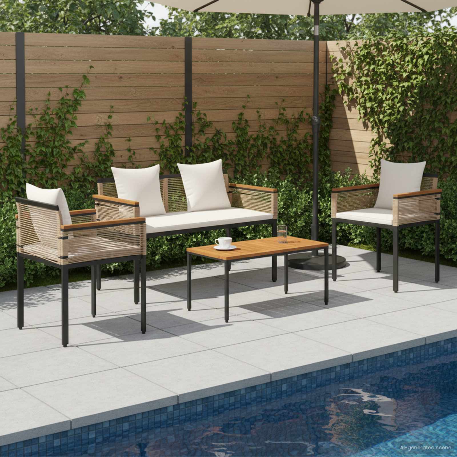 vidaXL Buitenmeubelset met kussen 4 pcs Zwart en Cream Wit PE Rattan