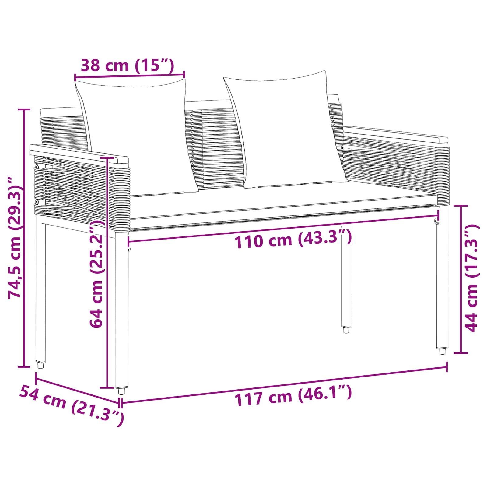 vidaXL Tuinbank met kussen Zwart 117 x 54 x 74.5 cm poly rattan