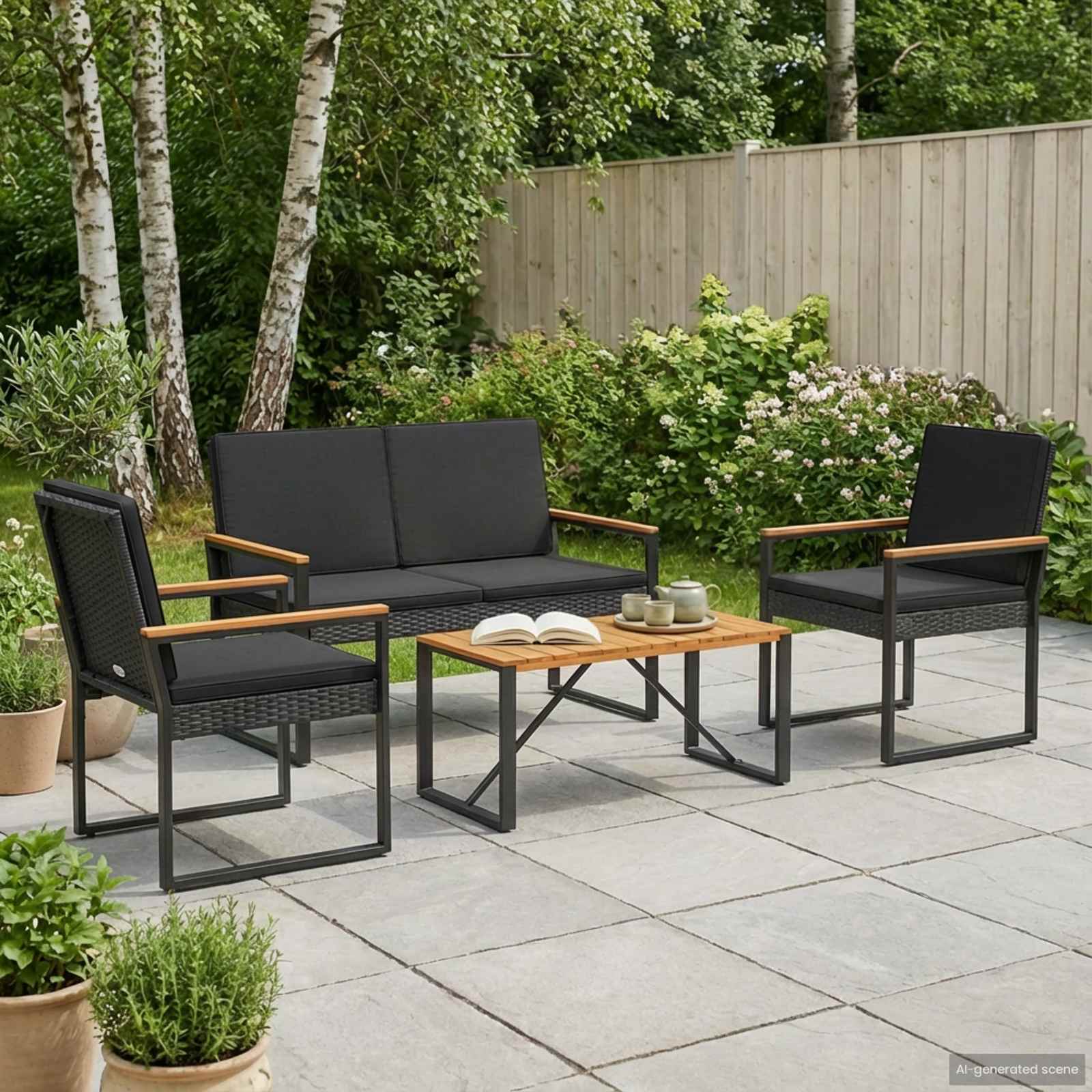 vidaXL Buitenmeubelset met kussen 4 pcs Zwart poly rattan