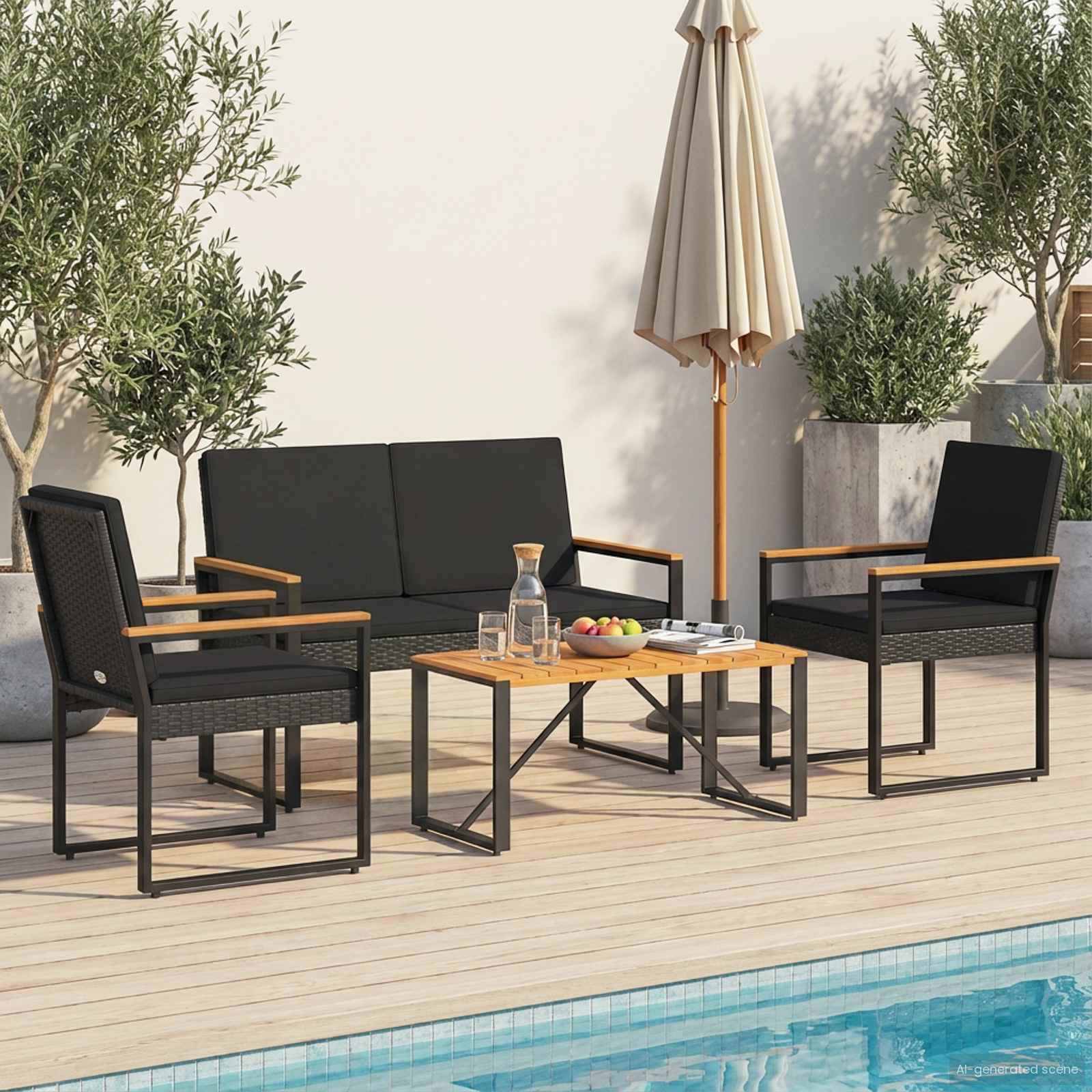 vidaXL Buitenmeubelset met kussen 4 pcs Zwart poly rattan